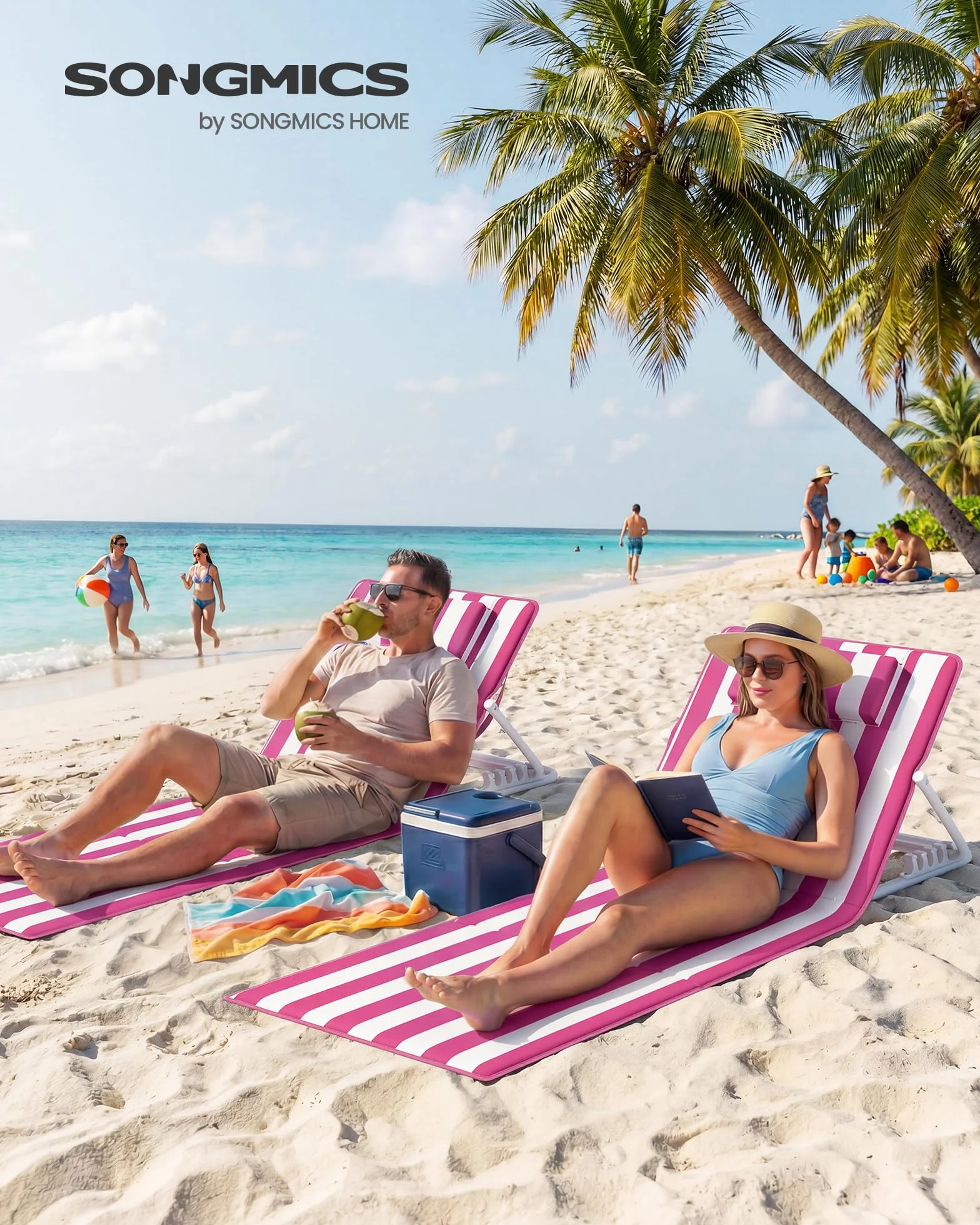SONGMICS Krzesło plażowe składane 2 szt. 158x55 cm różowo-białe paski