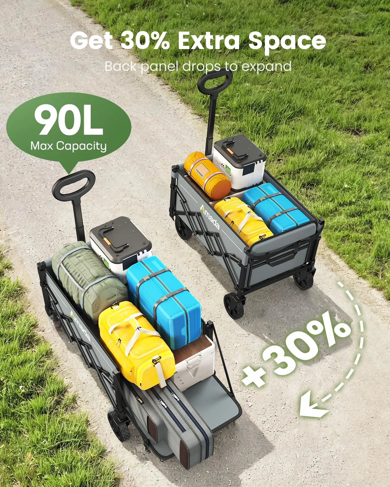 AMADA HOMEFURNISHING Składany wózek transportowy 163 kg 90 l z uchwytami na napoje