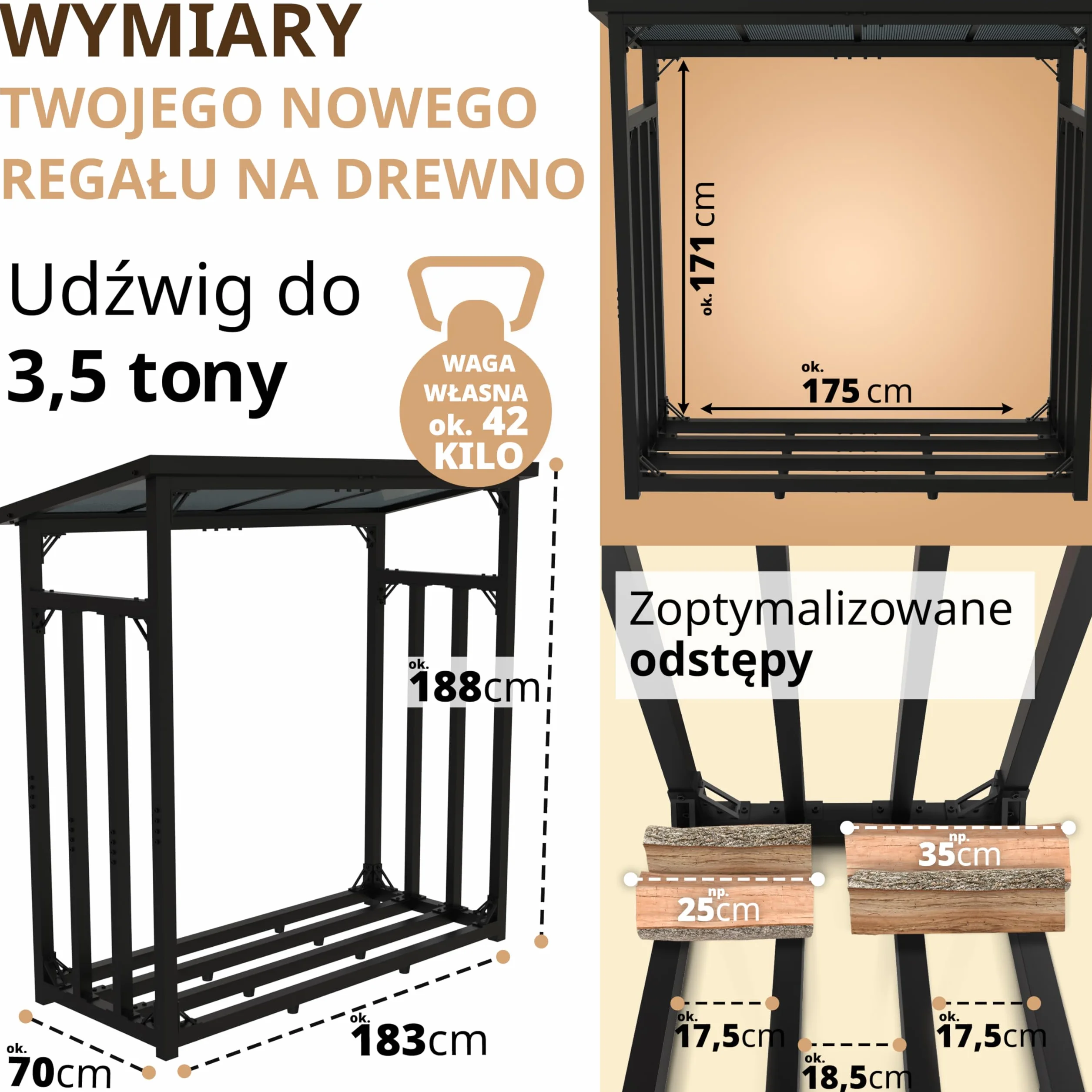 regał na drewno kominkowe, metalowy, z dachem, ocynkowany, 188 x 70 x 188 cm, 45 kg, 3 t, 3,3³ SRM, stojak na drewno kominkowe, stojak na drewno opałowe, na zewnątrz (czarny)