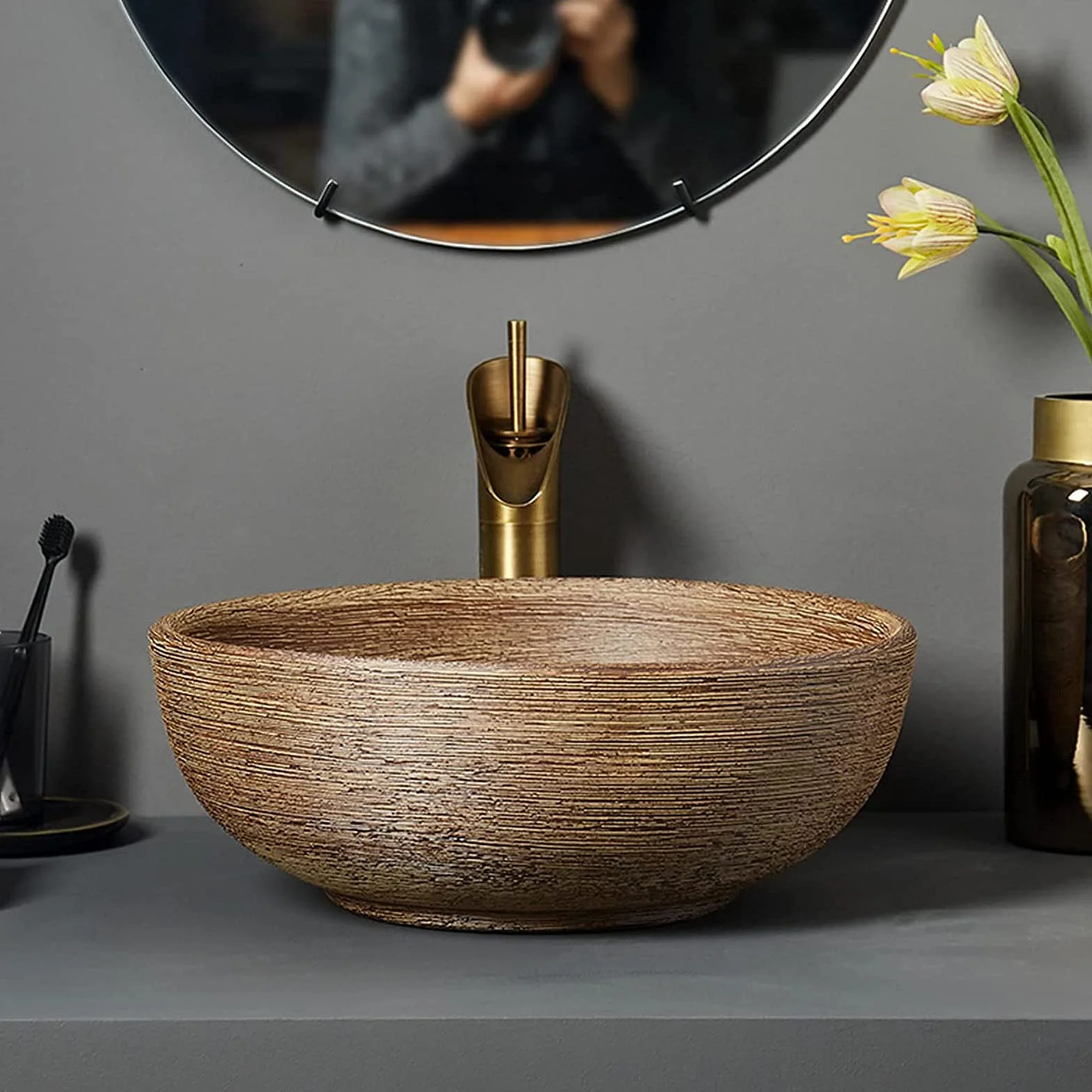 Umywalka ceramiczna nablatowa, umywalki nablatowe, okrągła miska umywalkowa z odpływem, umywalka Art Basin do szafki łazienkowej