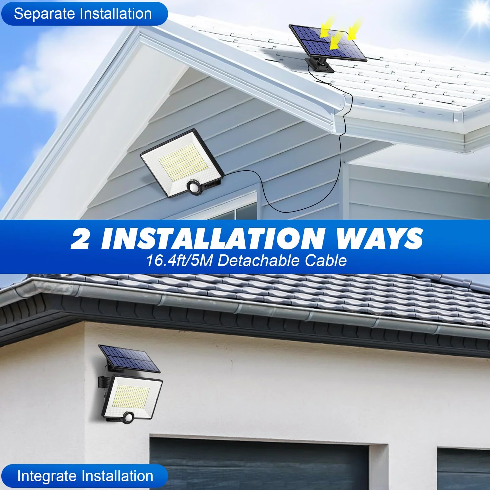 Zestaw 4 szt. Zewnętrzna lampa solarna z czujnikiem ruchu, 3 tryby: 204LED/2000 lm, wodoszczelne zewnętrzne światło słoneczne, IP65, solarne oświetlenie zewnętrzne, reflektor LED z kablem 16,4 stóp do