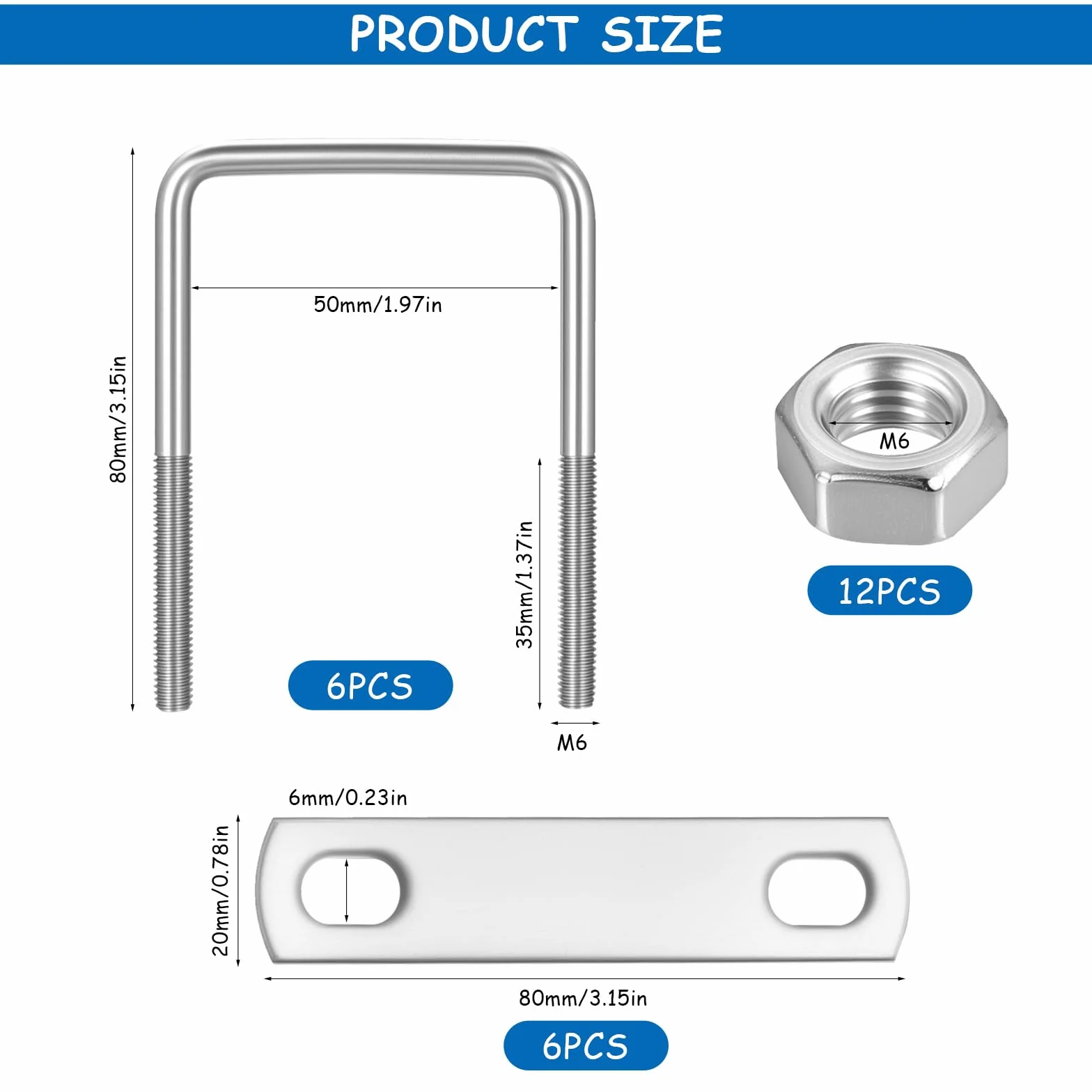 6 sztuk śrub pałąkowych M6 50 x 80 mm, pałąk U z gwintem, obejma pałąkowa ze stali nierdzewnej, śruby U, śruby U z nakrętkami i płytą ramową do mocowania rur, naprawy samochodu