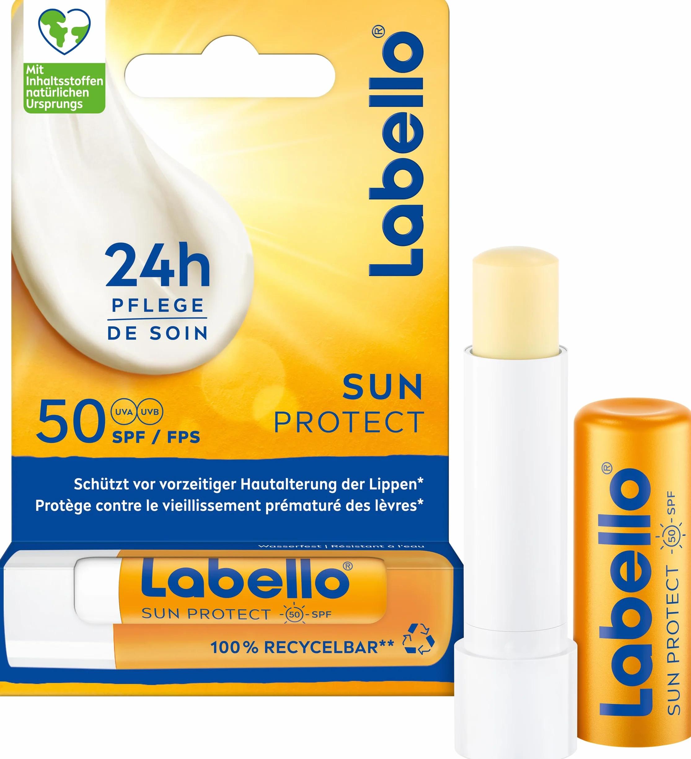 Labello Sun Protect LSF 50, wodoodporna pielęgnacja ust z wysoką ochroną przed słońcem, bezolejowa pielęgnacja ust z masłem shea, witaminami i naturalnymi olejkami (4,8 g)