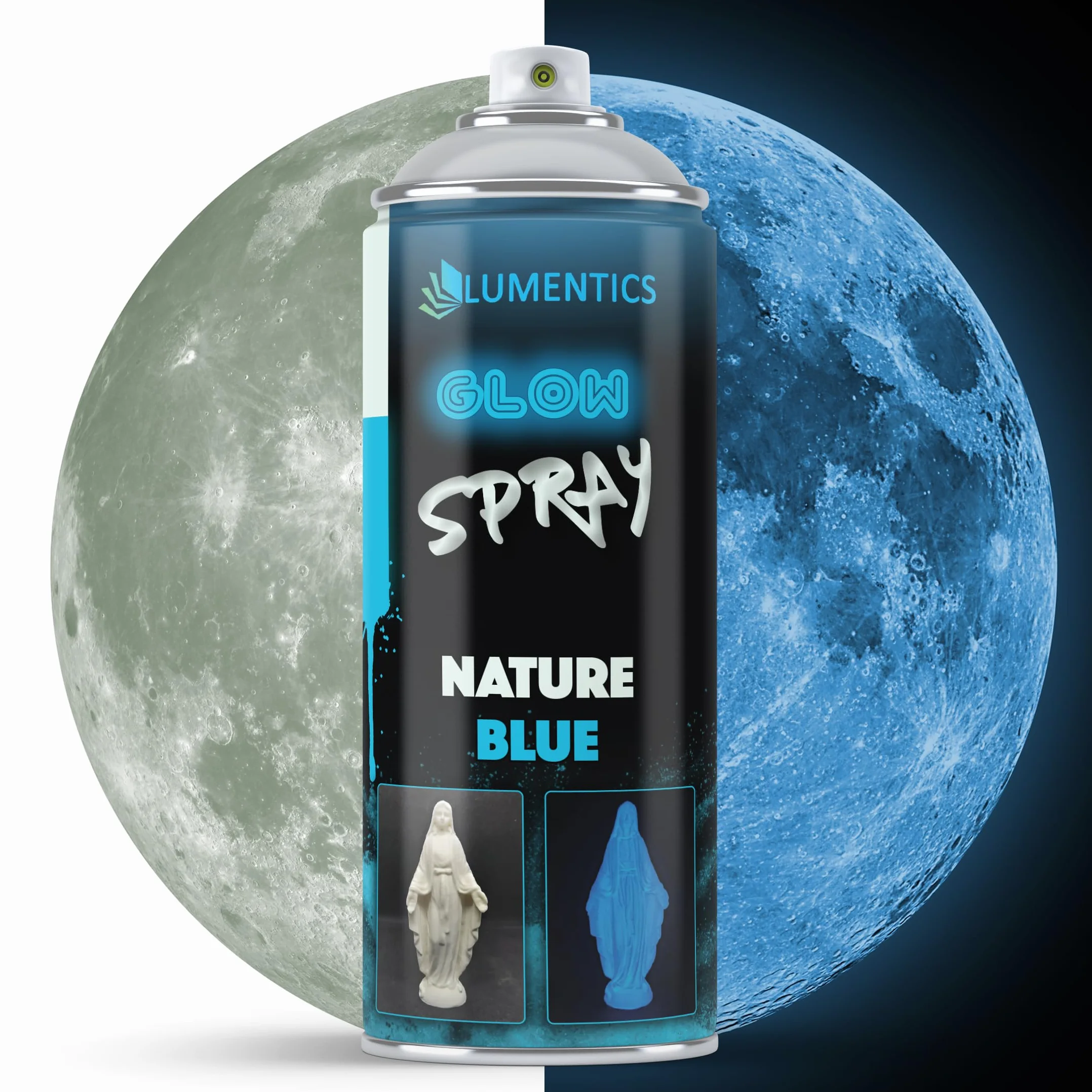 LUMENTICS Świecący spray naturalny niebieski – świecący w ciemności – Made in Germany – puszka sprayu 400 ml z dodatkową nasadką