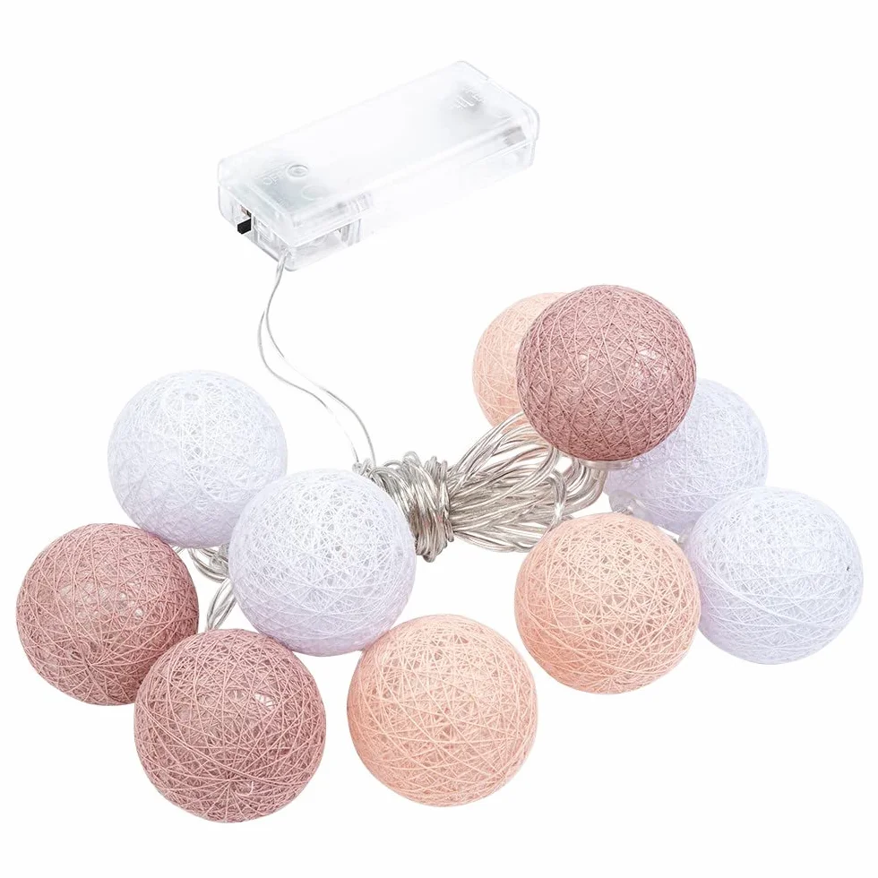 Ideen mit Herz Kulisty łańcuch świetlny z 10 diodami LED | zasilany bateriami | 10 bawełnianych kulek w 3 kolorach | Ø 35 mm każda kula | w zestawie timer (biały, morelowy, brudny róż)