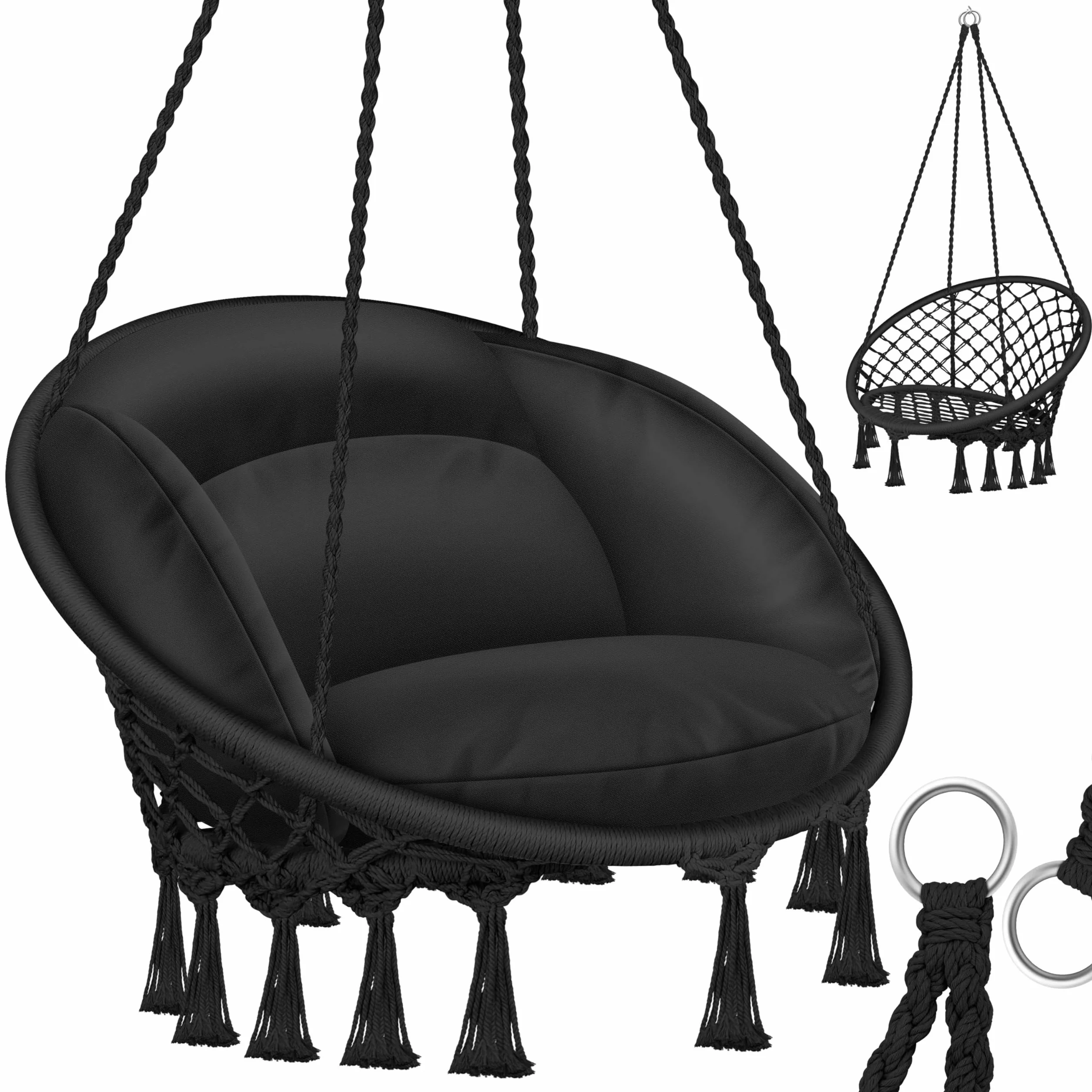 KESSER® Fotel wiszący z poduszką – Chill krzesło wiszące do zawieszenia dla dorosłych i dzieci, hamak do 150 kg, do zawieszenia wewnątrz i na zewnątrz, do salonu i ogrodu, na taras, czarny