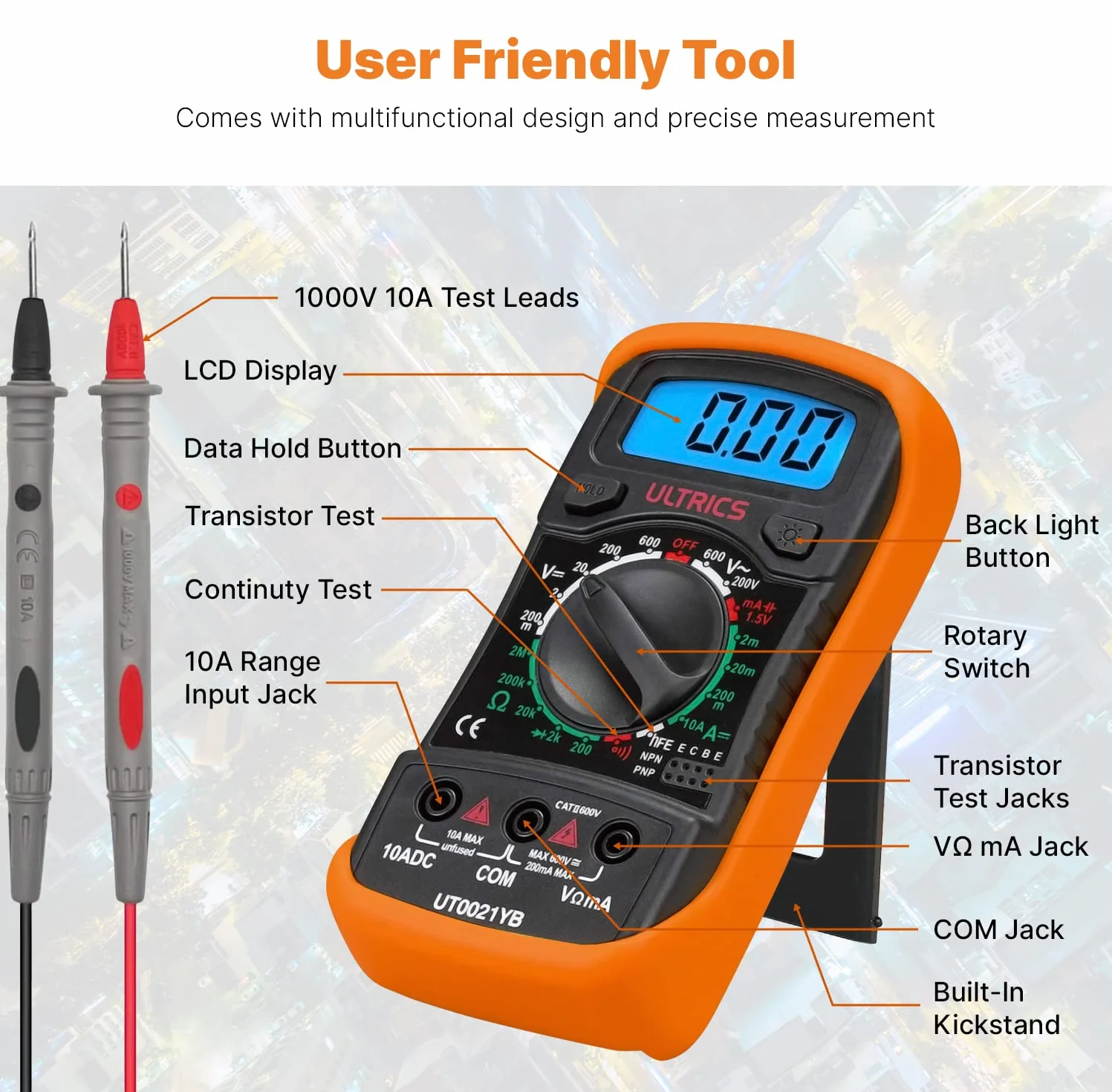 ULTRICS Multimetr Cyfrowy tester ciągłości, Automatyczn Multitester z Wyświetlacz LCD, Woltomierz z Podwójnymi Bezpiecznikami Przenośny Multimetr Mierzy OHM AC/DC Rezystancj Diody Ciągłości Tranzystor