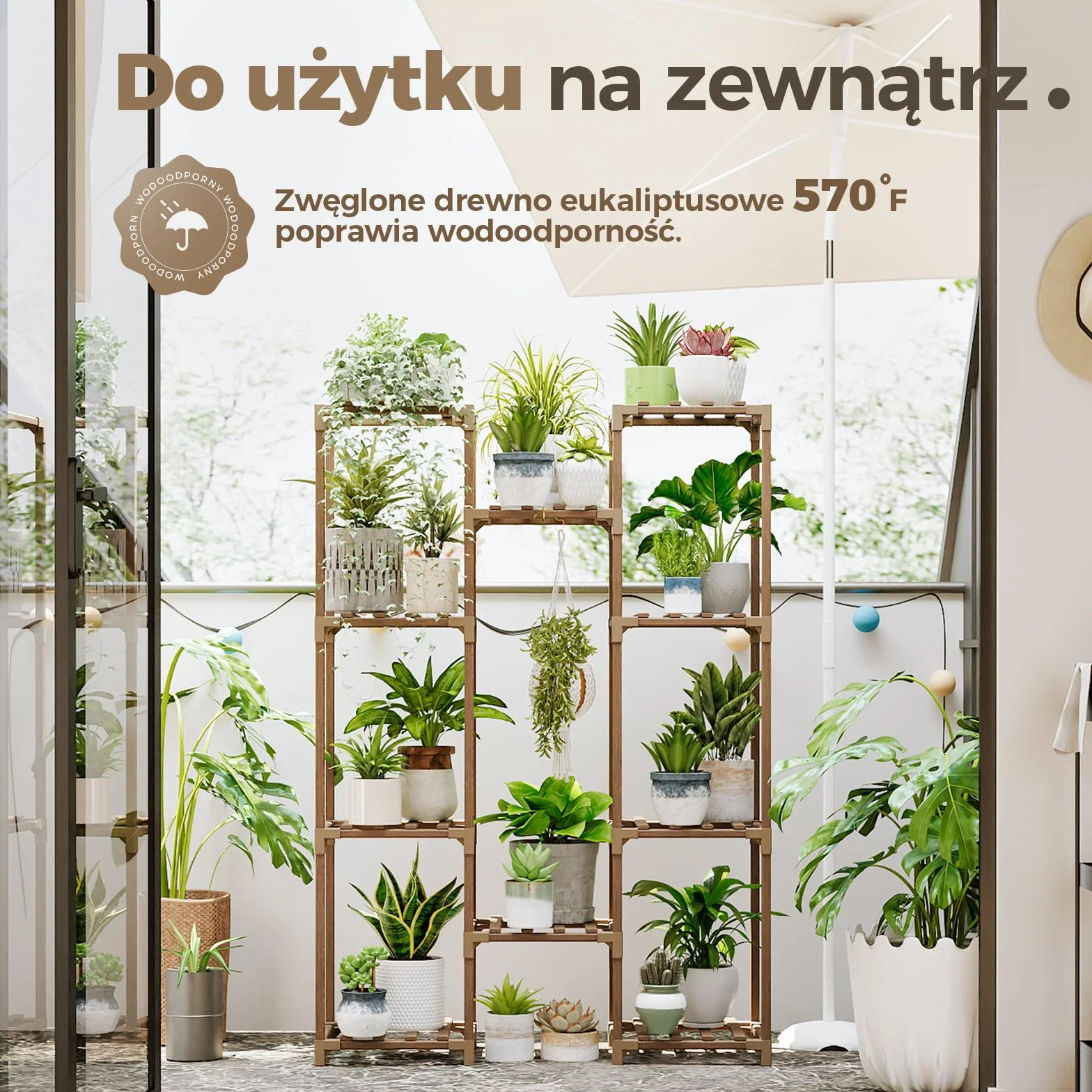 BAMWORLD Drewniana Wisząca Półka na Rośliny Duży Stojak na Doniczki Salon Taras Balkon