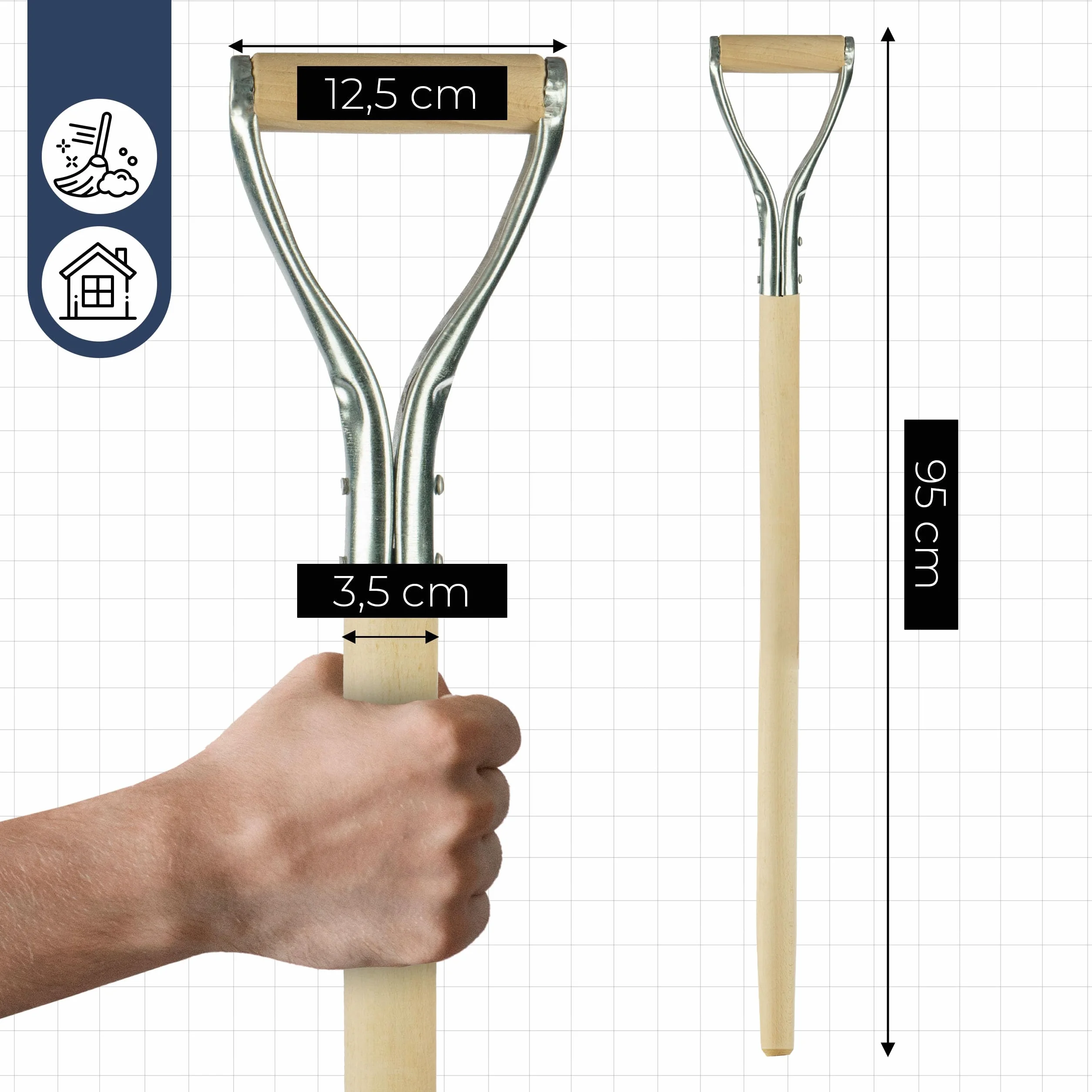 Trzonek Drewniany 95 cm do Łopaty, Szpadla z Drewna Bukowego z Uchwytem Metalowym