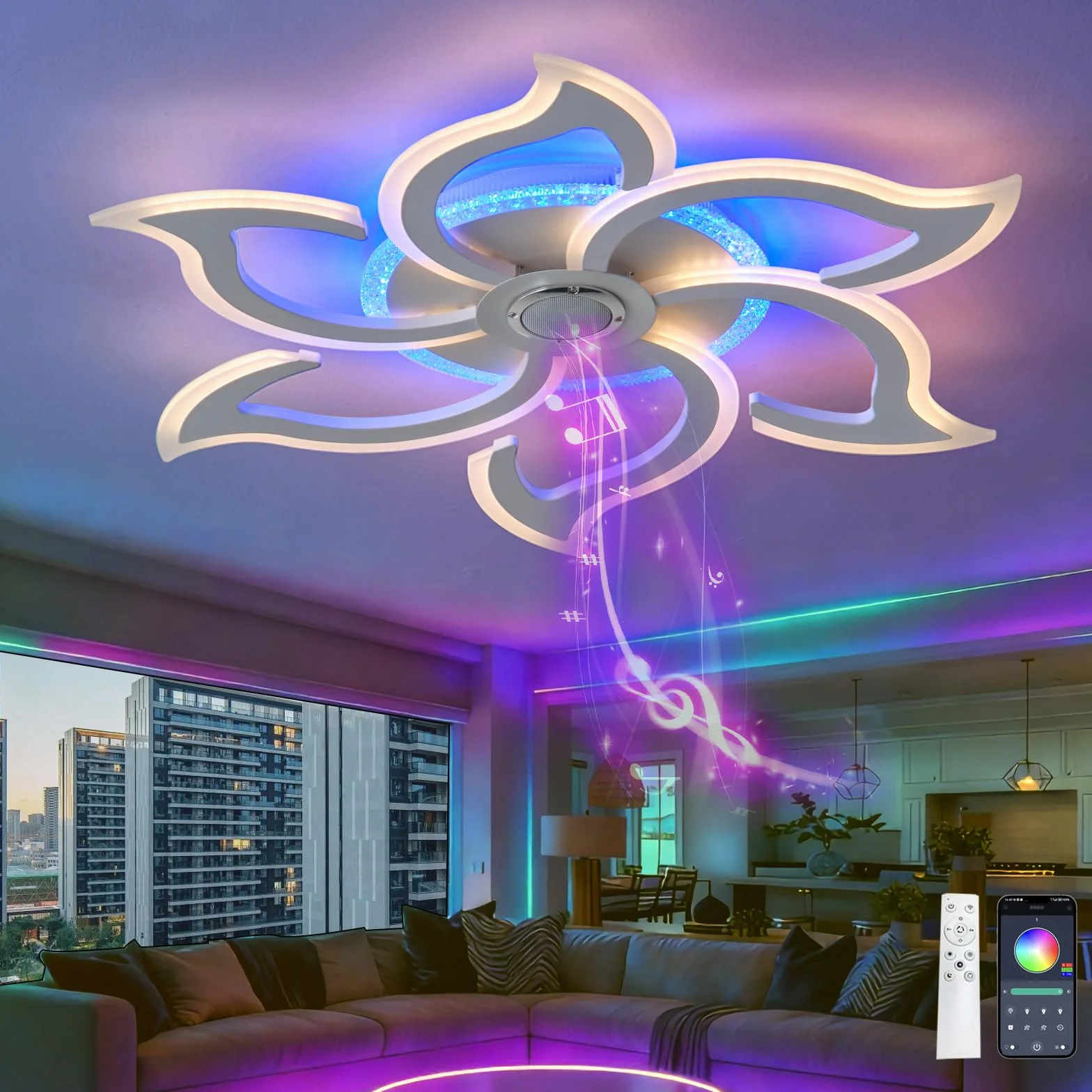 Lampa Sufitowa RGB z Kwiatowym Wzorem Głośnik Bluetooth Pilot Aplikacja Timer Możliwość Ściemniania 3 Temperatury Barwowe Lampka Nocna i Funkcja Pamięci do Sypialni, Biały