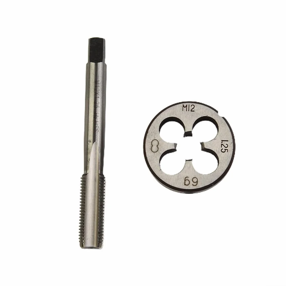 Zestaw gwintowników i narzynek, gwintowniki i narzynki do gwintów okrągłych, gwintowniki HSS HSS metryczne prawe 12 mm x 1,25 mm i zestaw narzynek M12 x 1,25 mm do polerowania DIY