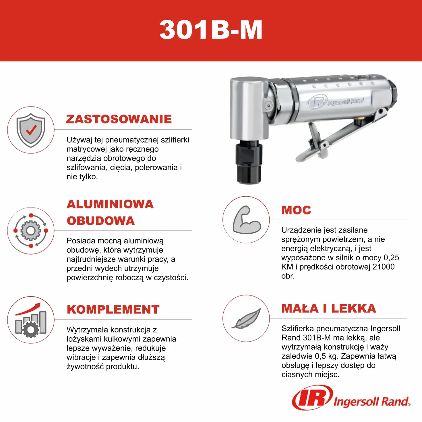 Ingersoll Rand Szlifierka kątowa pneumatyczna 301B-M, 6 mm, 21 000 obr./min, konstrukcja z łożyskami kulkowymi, obudowa, lekka, 1 jednostka, kąt, aluminium, wartość
