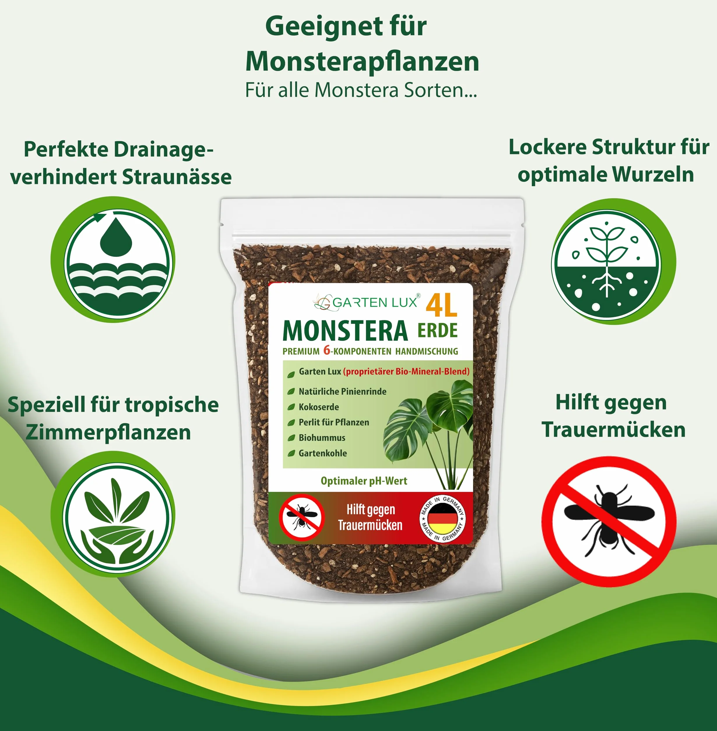 Garten Lux Monstera Terra 4 l bez torfu - 6 w 1 przeciwko komarom żałobnym | aroidalne podłoże | ziemia kokosowa, perlit, kora sosnowa, biohumus, węgiel ogrodowy + tajny kompleks |