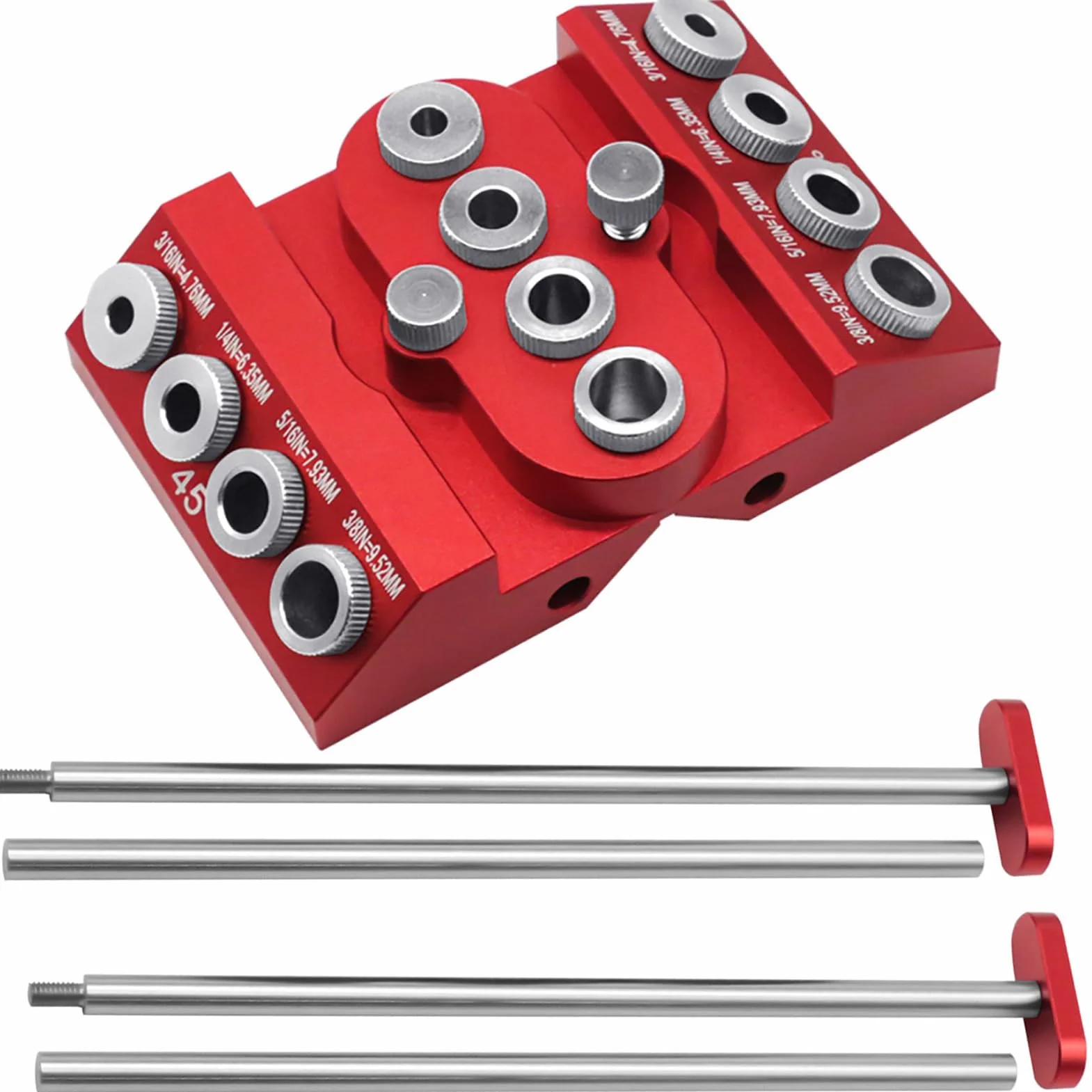 Przewodnik wiertarski pod kątem 30-45-90 stopni | Imadło do wiercenia w drewnie z aluminium z przedłużoną prętą, 4 rozmiary otworów do drewna okrągłego i kwadratowego