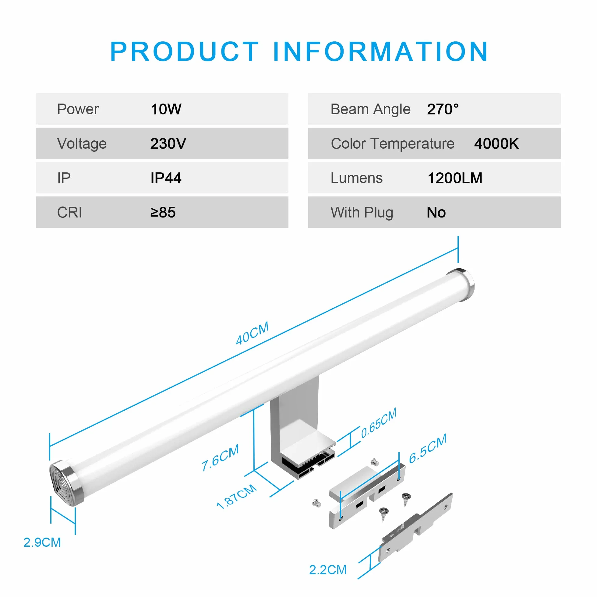 LED lustro łazienkowe, 10W 1200LM 40cm neutralna biel 4000K, montaż 3 w 1 IP44 230V kinkiet lampa lustrzana, bez migotania lampa łazienkowa oświetlenie ścienne: 400mm