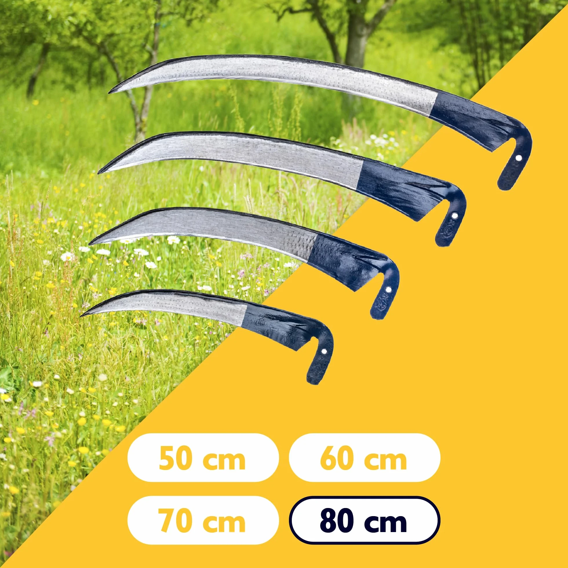 KADAX Kosa ręczna 80cm metalowa, składana konstrukcja, pewny chwyt, do wykaszania traw i chwastów na działce i w ogrodzie