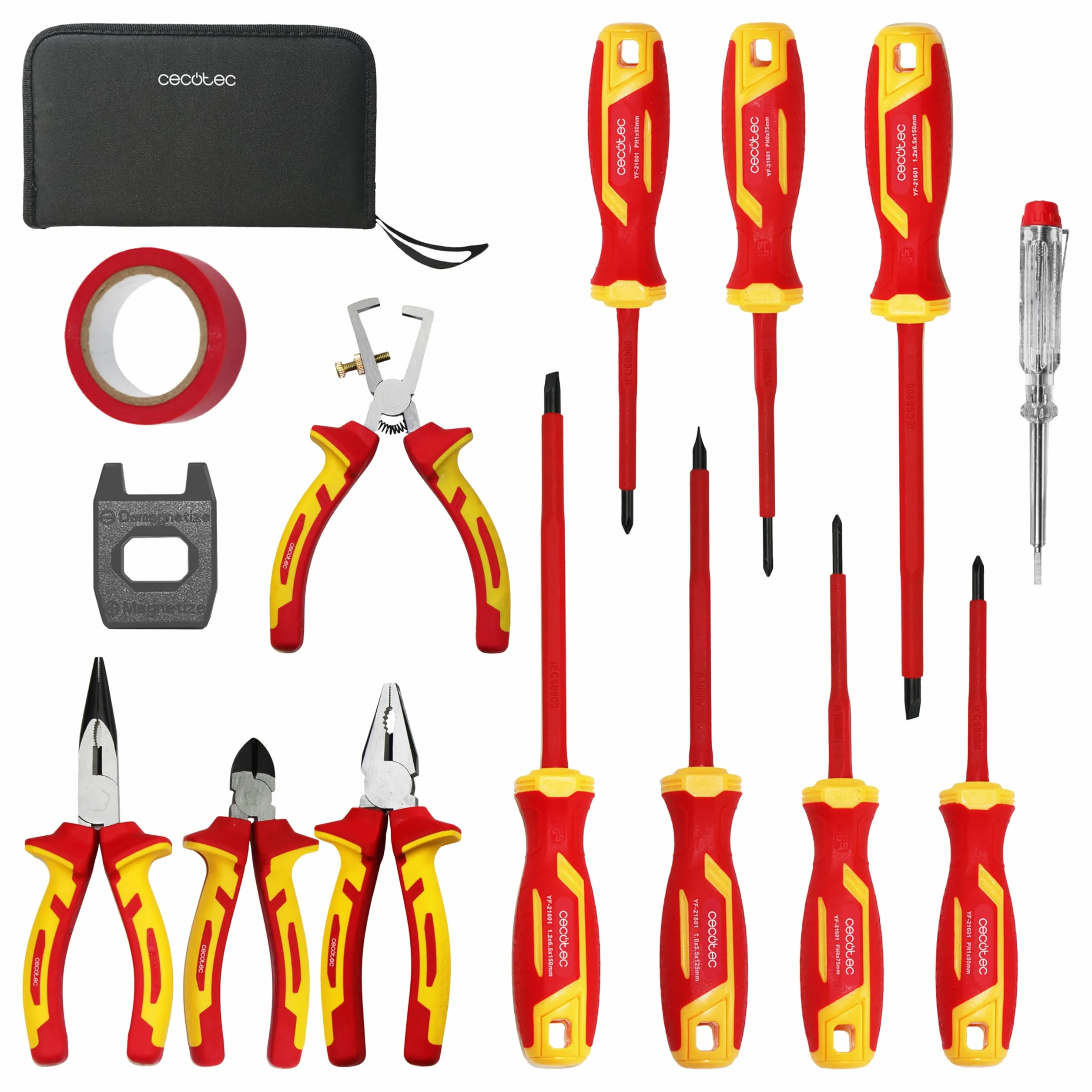Cecotec Zestaw wkrętaków HardGyro 15 SafeVolt Magnetic, izolowany 1000 V, certyfikat VDE GS, stal CR-V, 3 szczypce w zestawie, odgarniacz drutu, magnetyzator, zszywka, etui w zestawie do bezpiecznej