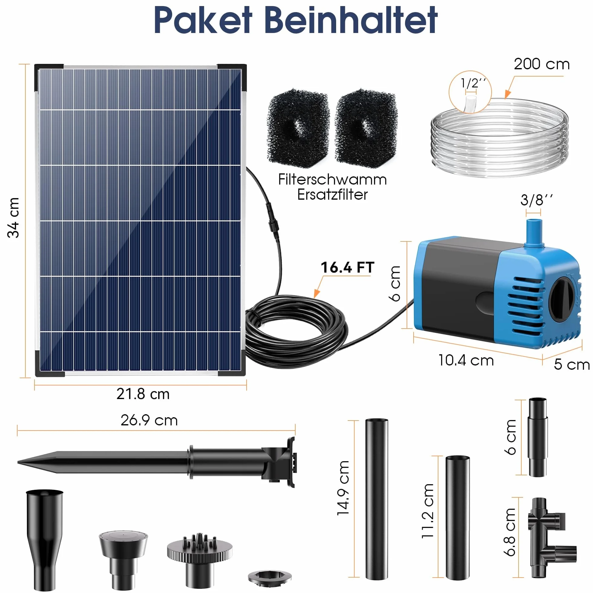 Fontanna solarna 12 W 605 l/h cicha pompa do stawu z wężem i 4 dyszami