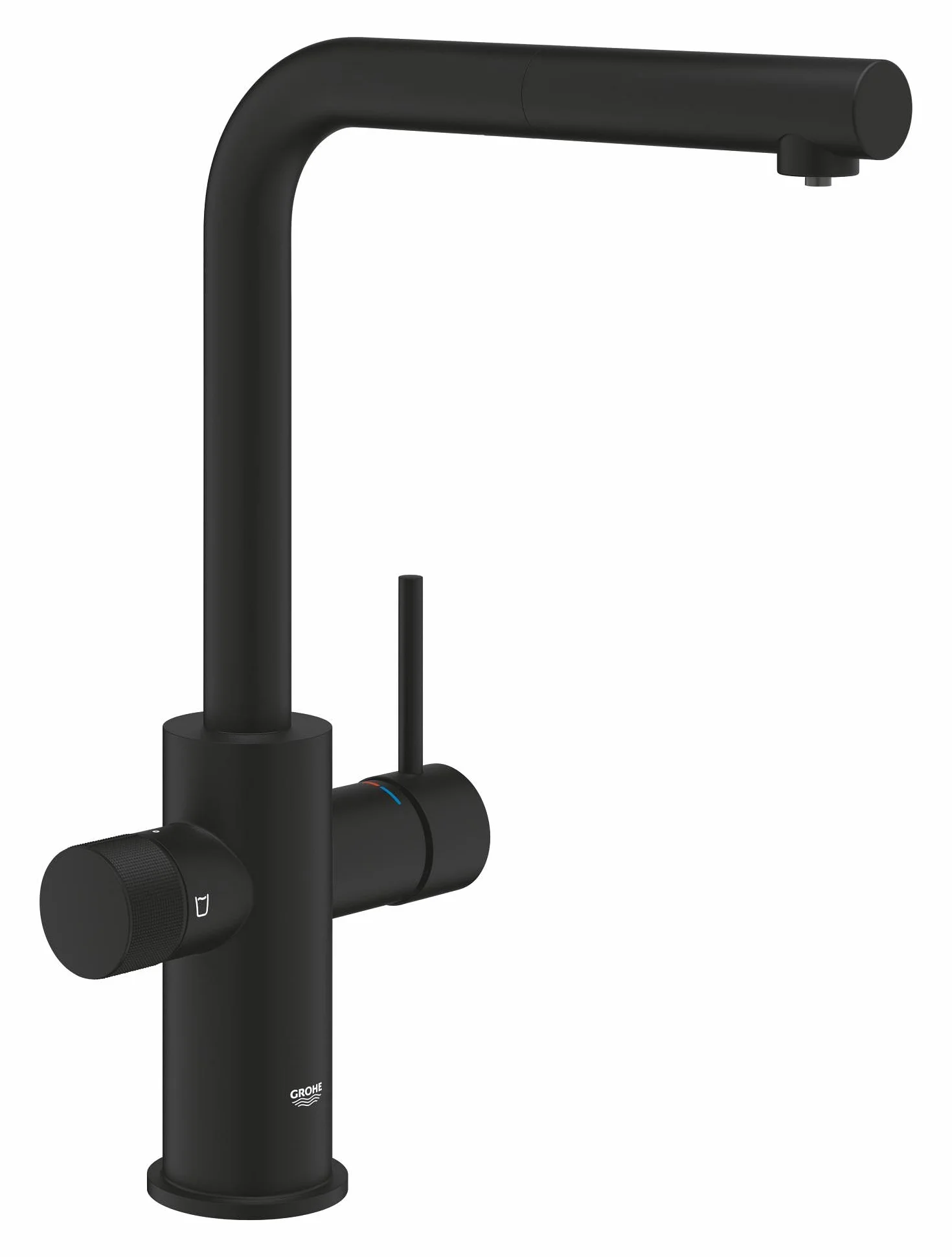 GROHE Blue Pure Minta – 3-kierunkowy wyciągany kran z filtrem wody L-wylewka, obszar obrotowy 360°, dedykowany uchwyt filtra, wkład ceramiczny 28 mm, ogon 3/8 cala, potrzebuje zestawu startowego