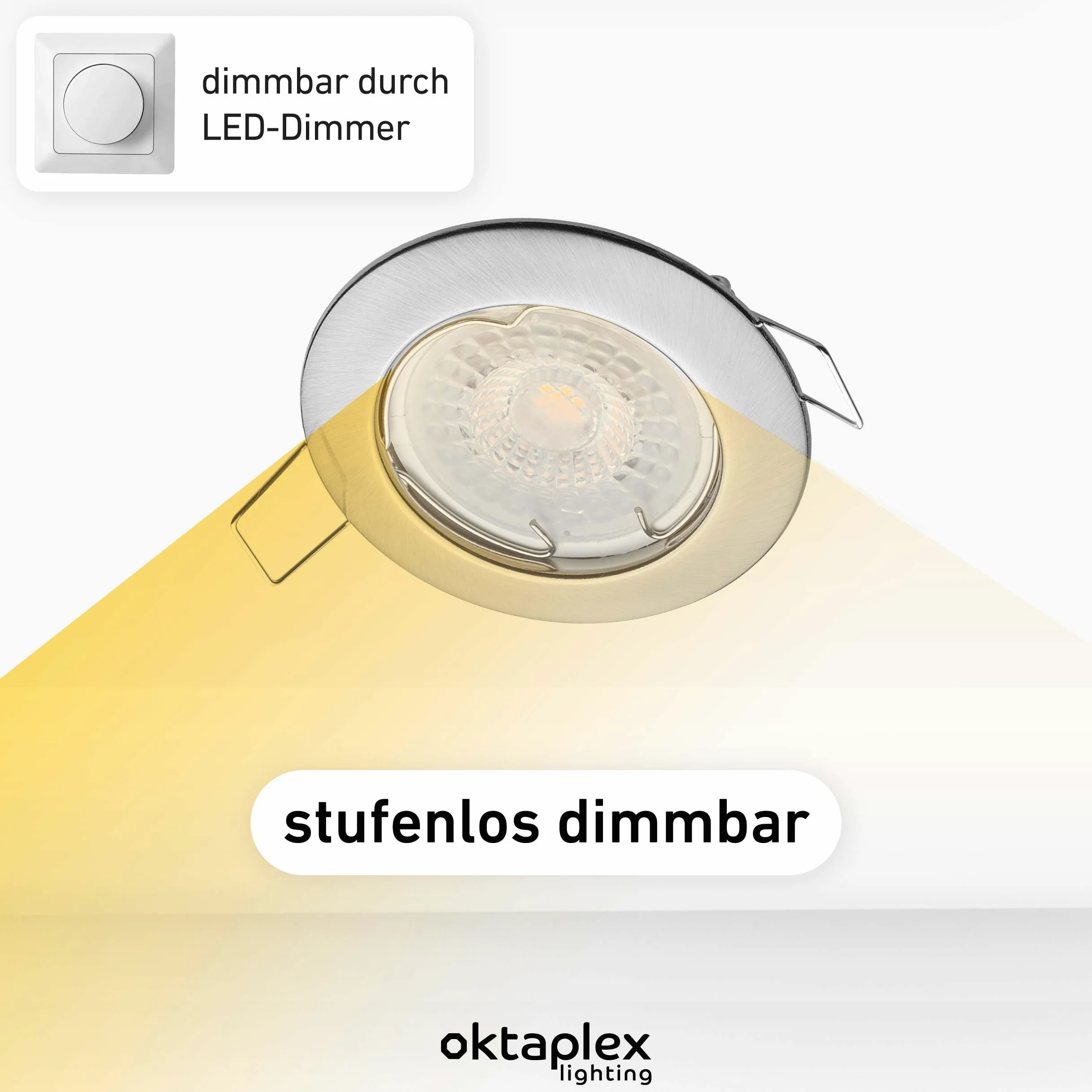 Oktaplex Lighting Zestaw 12 reflektorów LED do zabudowy 230 V – bezstopniowe ściemnianie – 4,9 W 4000 K 370 lm neutralna biel – spot sufitowy stal szlachetna szczotkowana wymiar otworu 60 mm