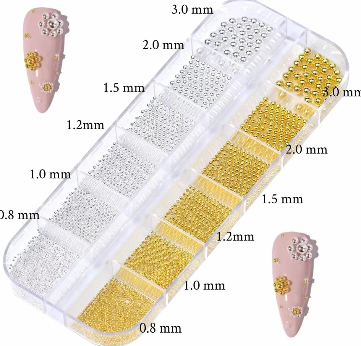 Nailart koraliki do paznokci, 0,3-3 mm, złote srebro, mini kawior, kamienie stras, białe beżowe, mini paznokcie, mikroperły, dekoracja do paznokci