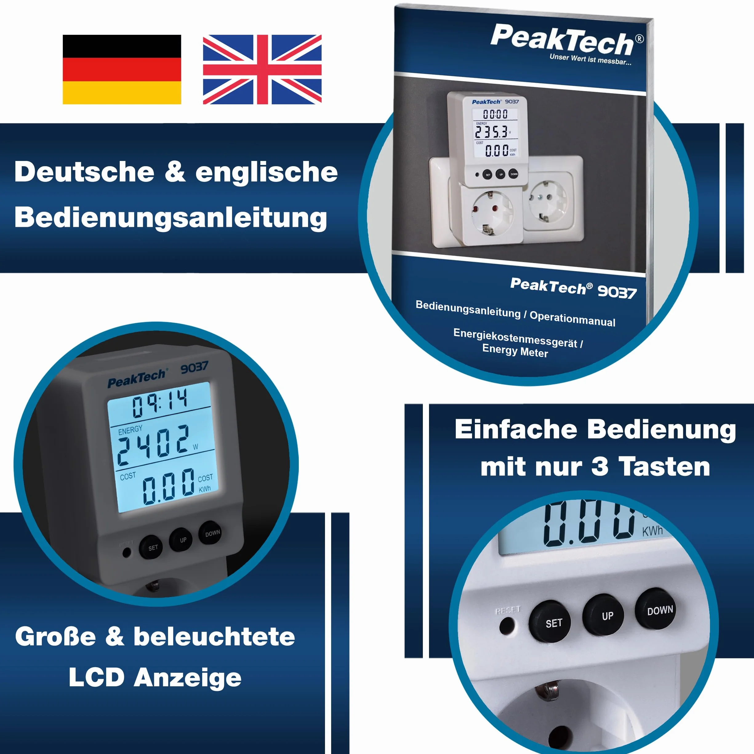 PeakTech 9037 miernik kosztów energii, miernik prądu, rozdzielczość 0,1 W, z obrotowym wyświetlaczem i współczynnikiem mocy