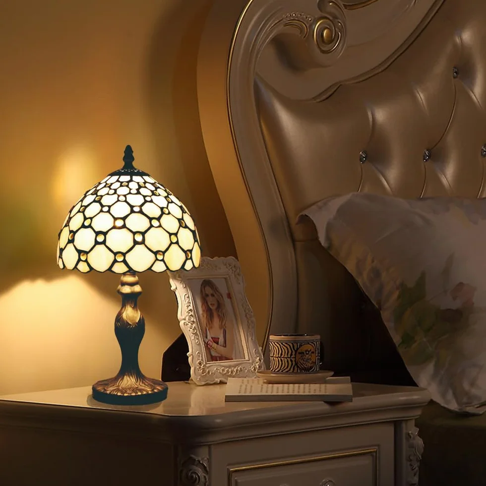 Styl Tiffany 8 cali Lampa stołowa Witraże Koraliki Abażury Mała lampka nocna Czytanie Antyczne Lampka na biurko Salon Sypialnia Biuro Vintage Art Deco Wiktoriańskie
