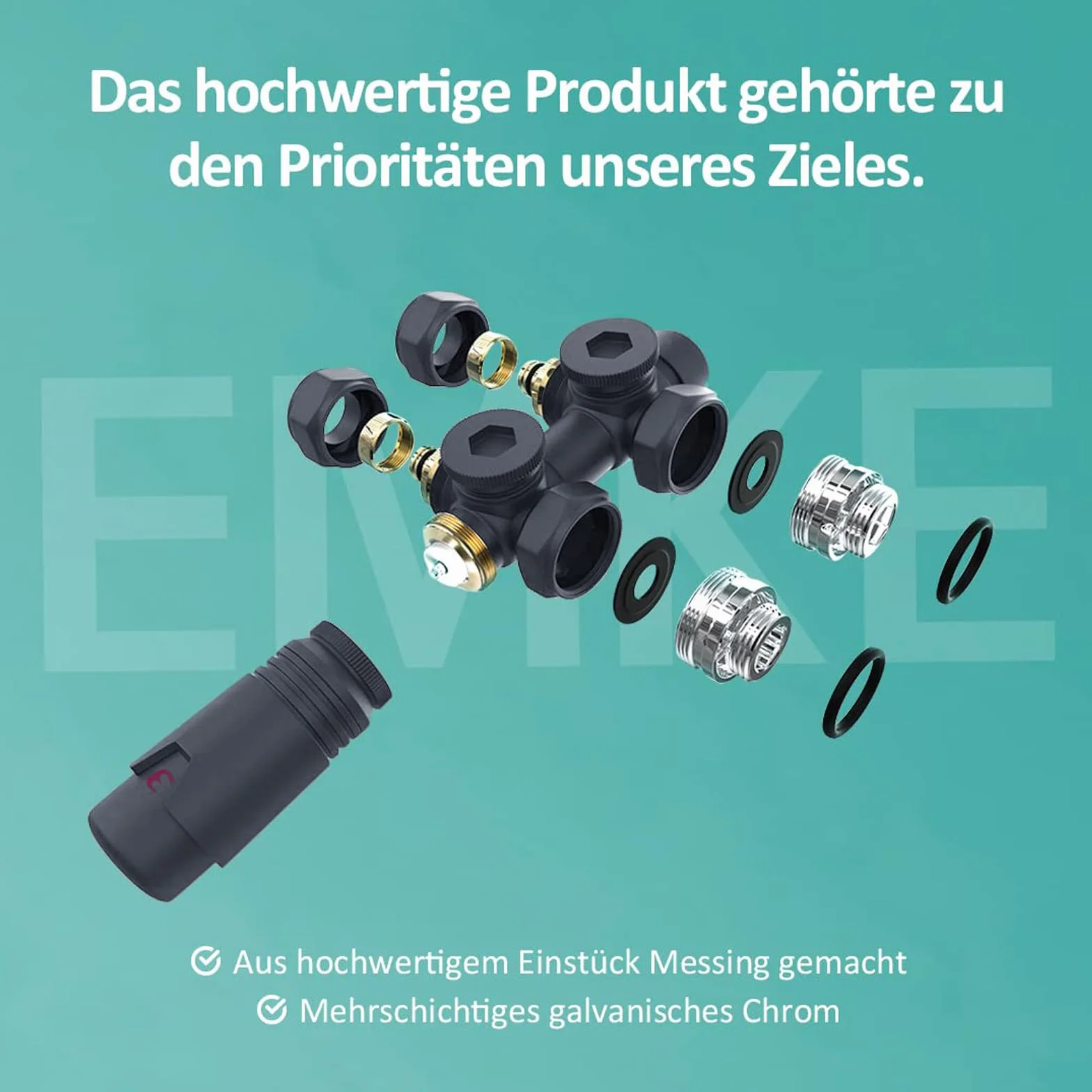 EMKE Multiblock, przyłącze środkowe, blok kranowy, kształt narożny i przelotowy 50 mm, zawór grzejnikowy z termostatem do grzejników łazienkowych, antracyt (φ16 mm x G1/2", 1 sztuka)