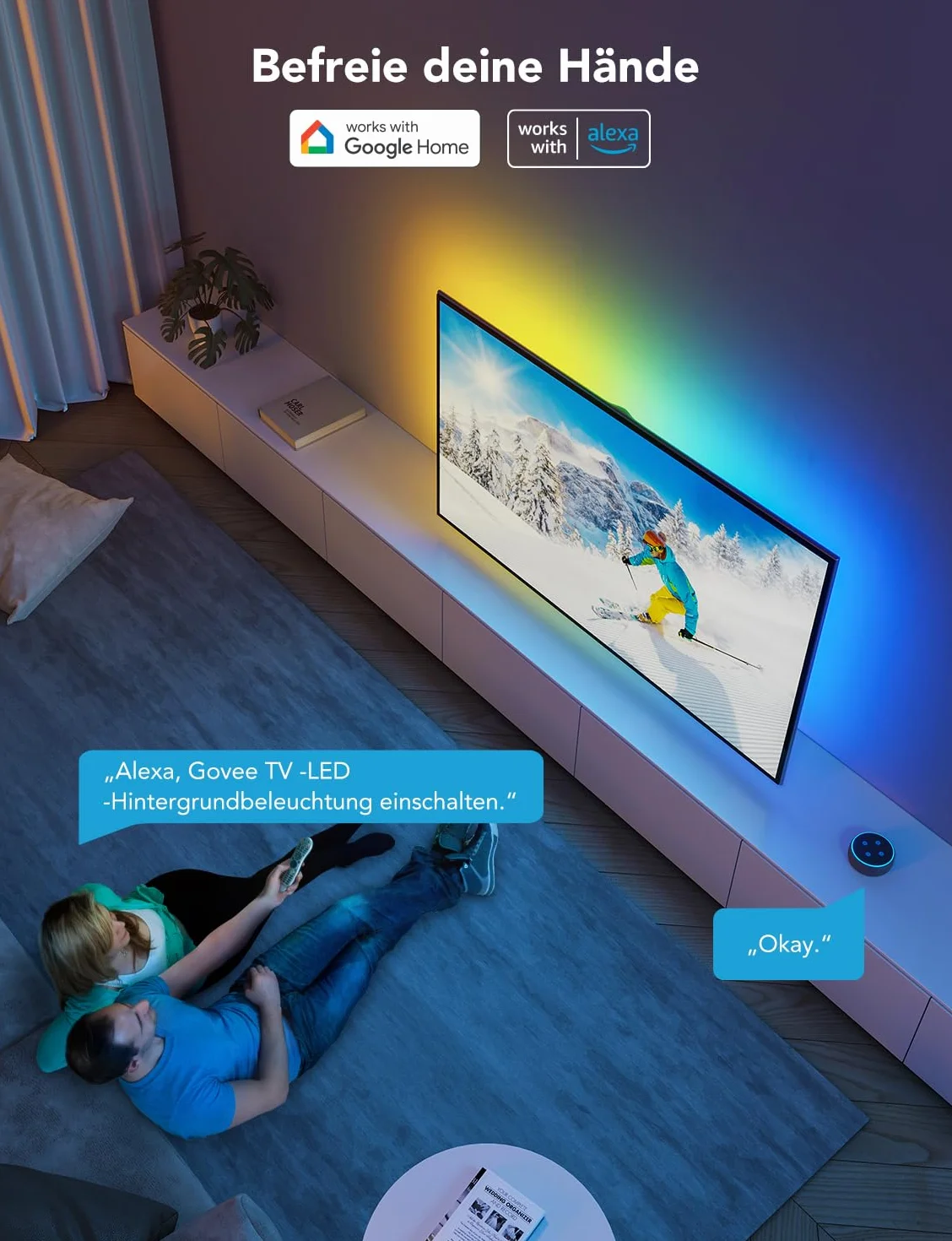 Govee Podświetlenie LED Telewizora, Taśma LED RGBIC do Telewizorów 55-65 cali, Inteligentna Taśma LED 3,8 M Ze sterowaniem Bluetooth i Wi-Fi, Współpracuje z Alexą, Synchronizacja Muzyki