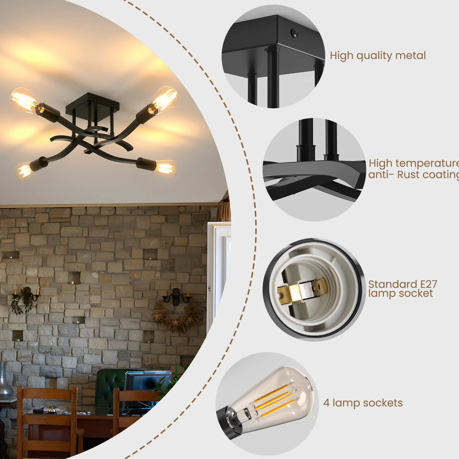OTREN Lampa sufitowa w stylu vintage, retro lampa sufitowa, 4 płomienie czarny metalowy żyrandol przemysłowy do salonu kuchni sypialni, czarny, E27