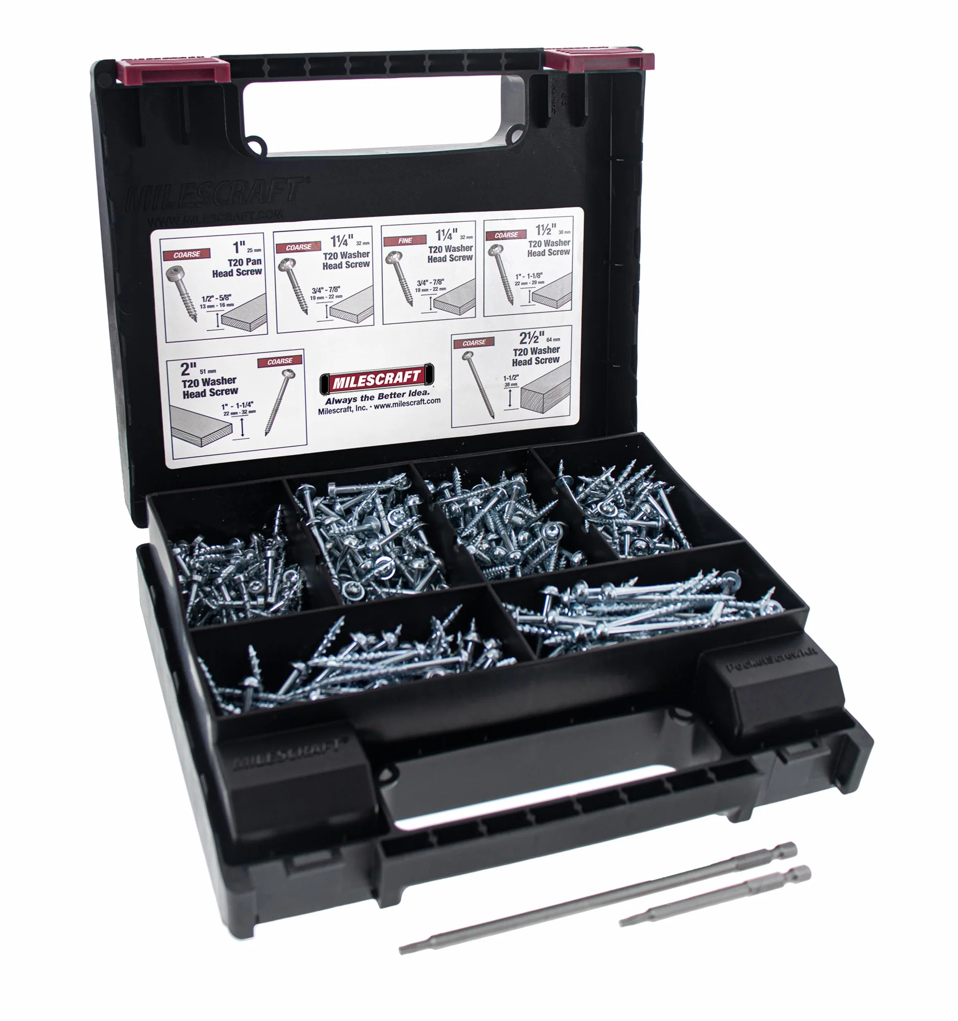 Milescraft Zestaw śrub kieszonkowych 5200 – 700 sztuk T20 zestaw śrub powlekanych cynkiem z 6 rozmiarami śrub, 7,5 cm i 15 cm T20 Torx w zestawie – wszystkie śruby potrzebne do otworu kieszonkowego