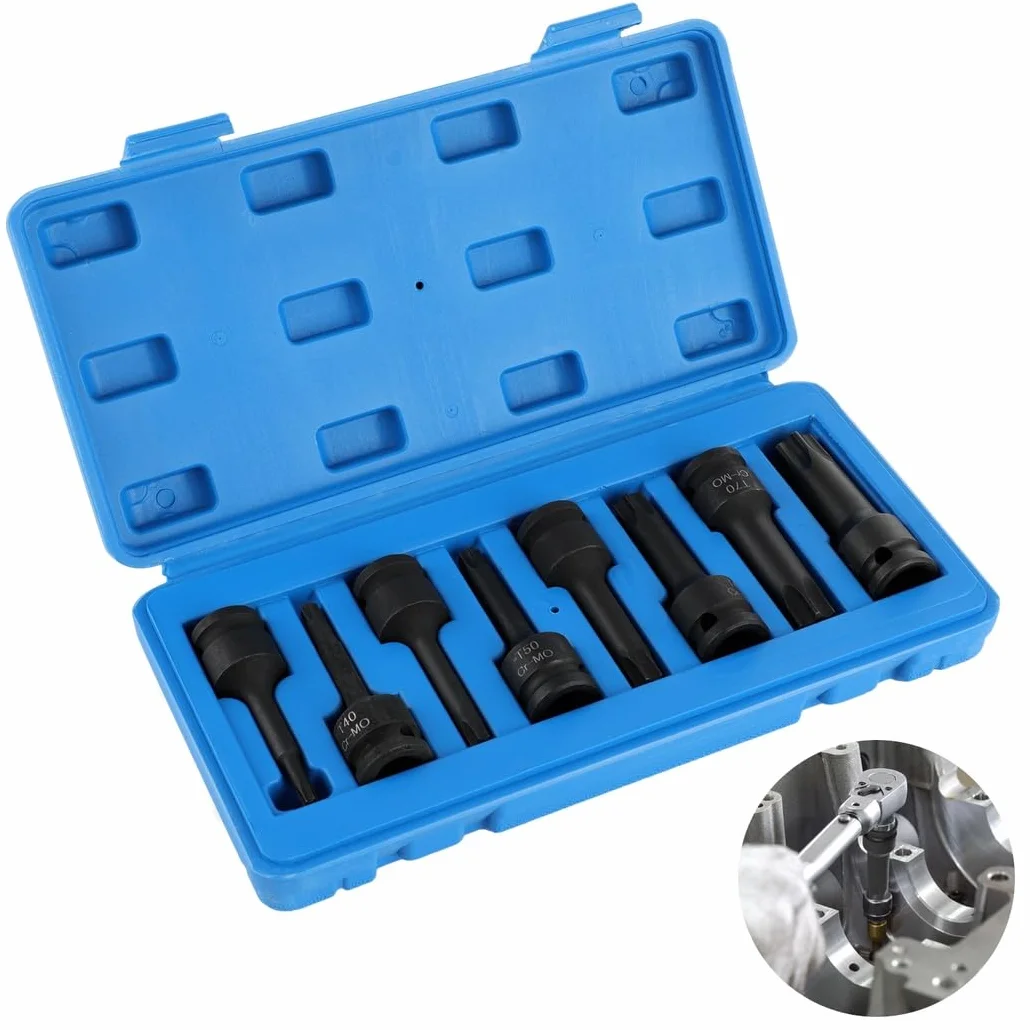 8-częściowy zestaw nasadek udarowych Torx, 1/2-calowy zestaw nasadek bitowych Torx z etui do przechowywania, T30 T40 T45 T50 T55 T60 T70 T80, zestaw bitów Cr-Mo