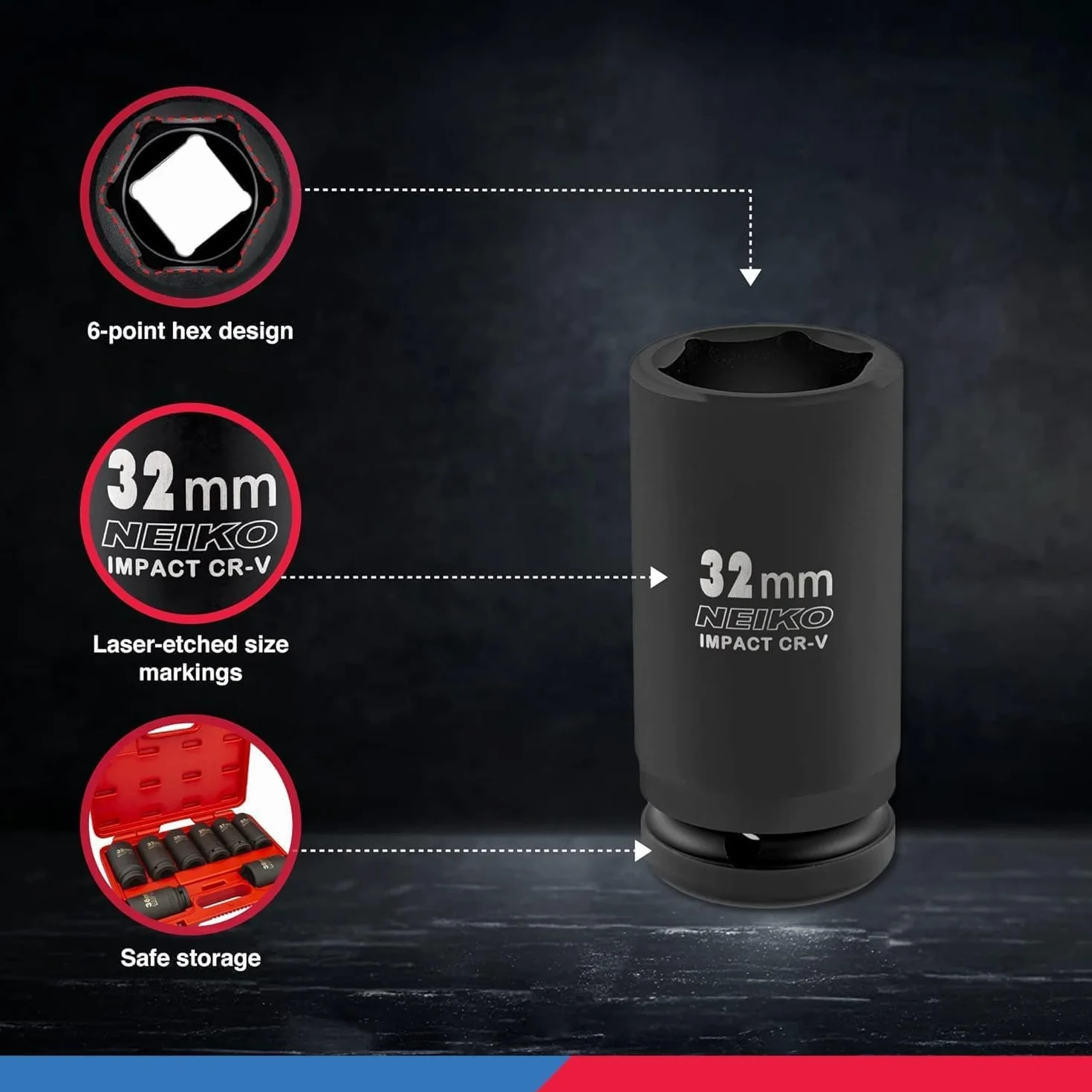 Neiko 02460A Zestaw nasadek udarowych 8-częściowy 26-38 mm stal chromowo-wanadowa