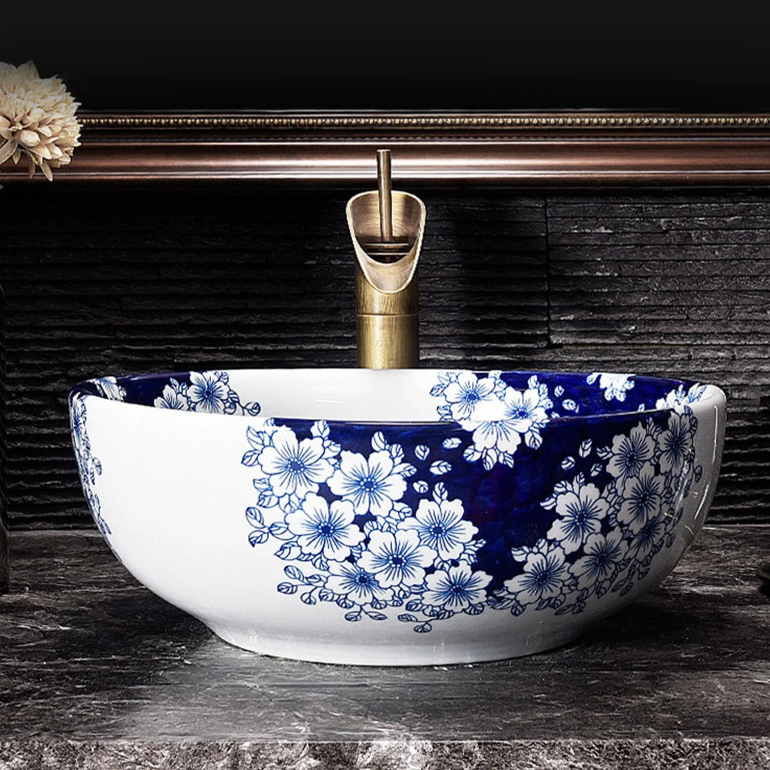 Okrągła ceramiczna umywalka nablatowa z porcelany do baru i małej łazienki - Nowoczesna umywalka łazienkowa w stylu vintage