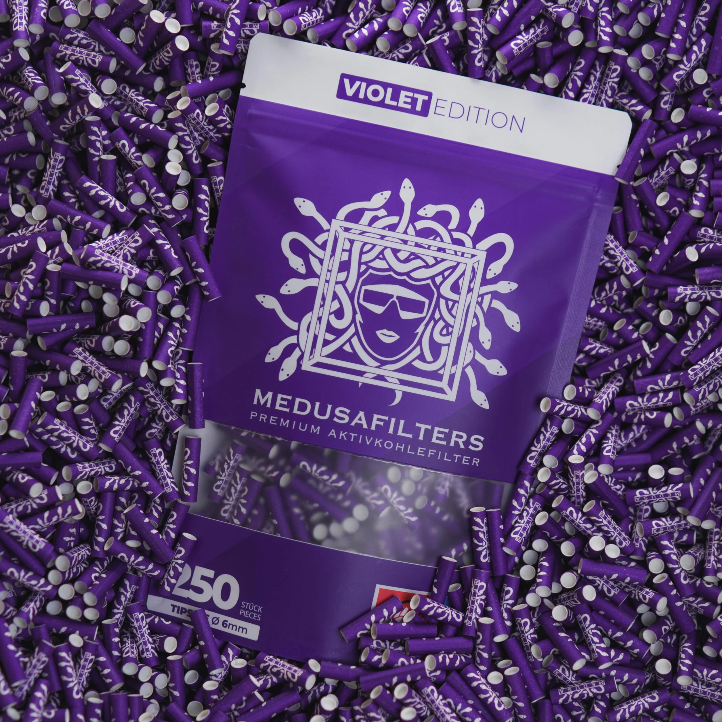 Medusafilters® 250 sztuk filtrów z węglem aktywnym o średnicy 6 mm z wegańskimi nasadkami z włókien i węglem aktywnym kokosowym | filtr o długości 25 mm Made in Germany (VIOLET Edition)