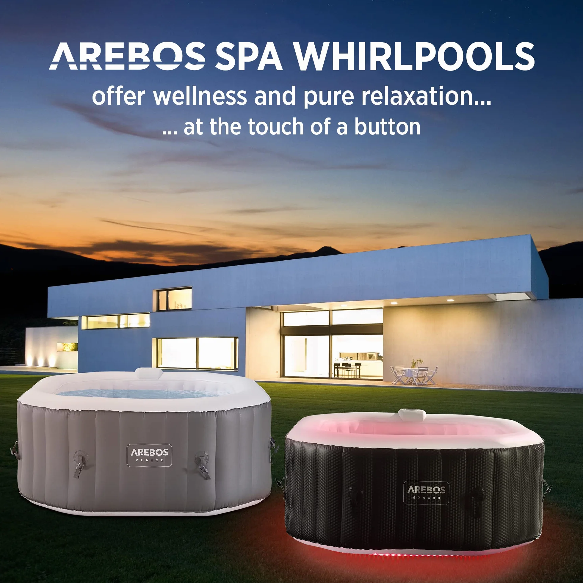 Arebos Whirlpool Pure | Nadmuchiwany | do wewnątrz i na zewnątrz | 154 x 154 cm | 4 osoby | 110 dysz do masażu | z ogrzewaniem | 600 litrów | w zestawie pokrywa | Bubble Spa & Wellness masaż