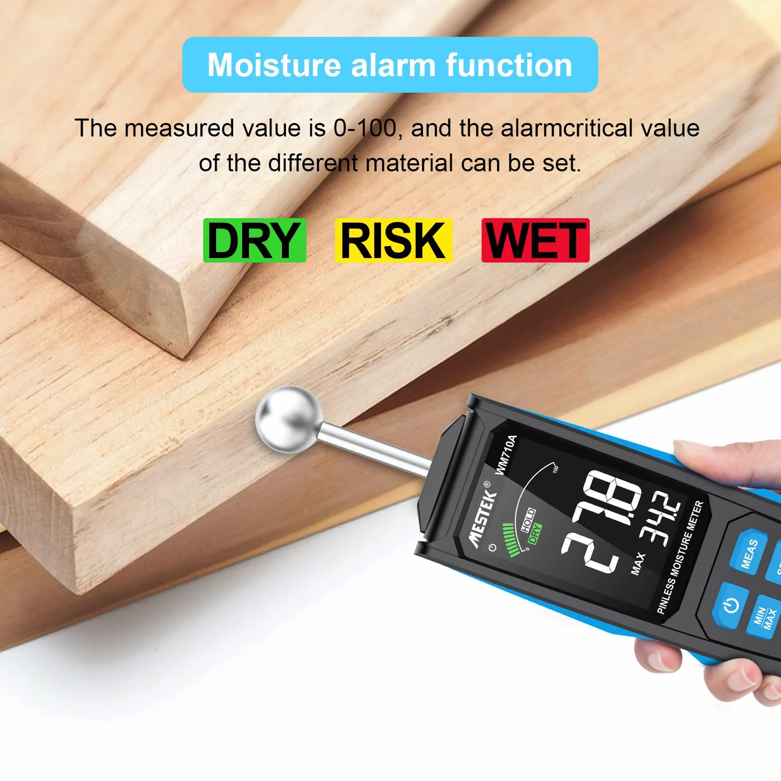 Detector Wilgotności MESTEK 20-40mm Wilgotnościomierz Czujnik Wilgotności Miernik wilgotności Cyfrowy Wyświetlacz LCD Alarm dźwiękowy Przenośny z Baterią do ścian Drewnianych Zaprawa Cementowa