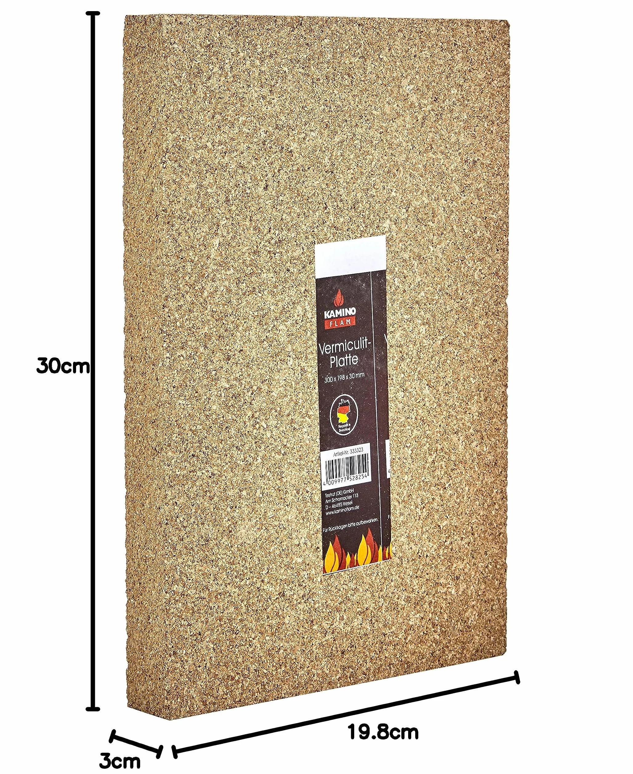 Kamino-Flam Wermikulitowa płyta ogniowa, bez substancji szkodliwych i metali ciężkich, odporna na temperaturę do 1100°C, ok. 30 x 20 x 3 cm