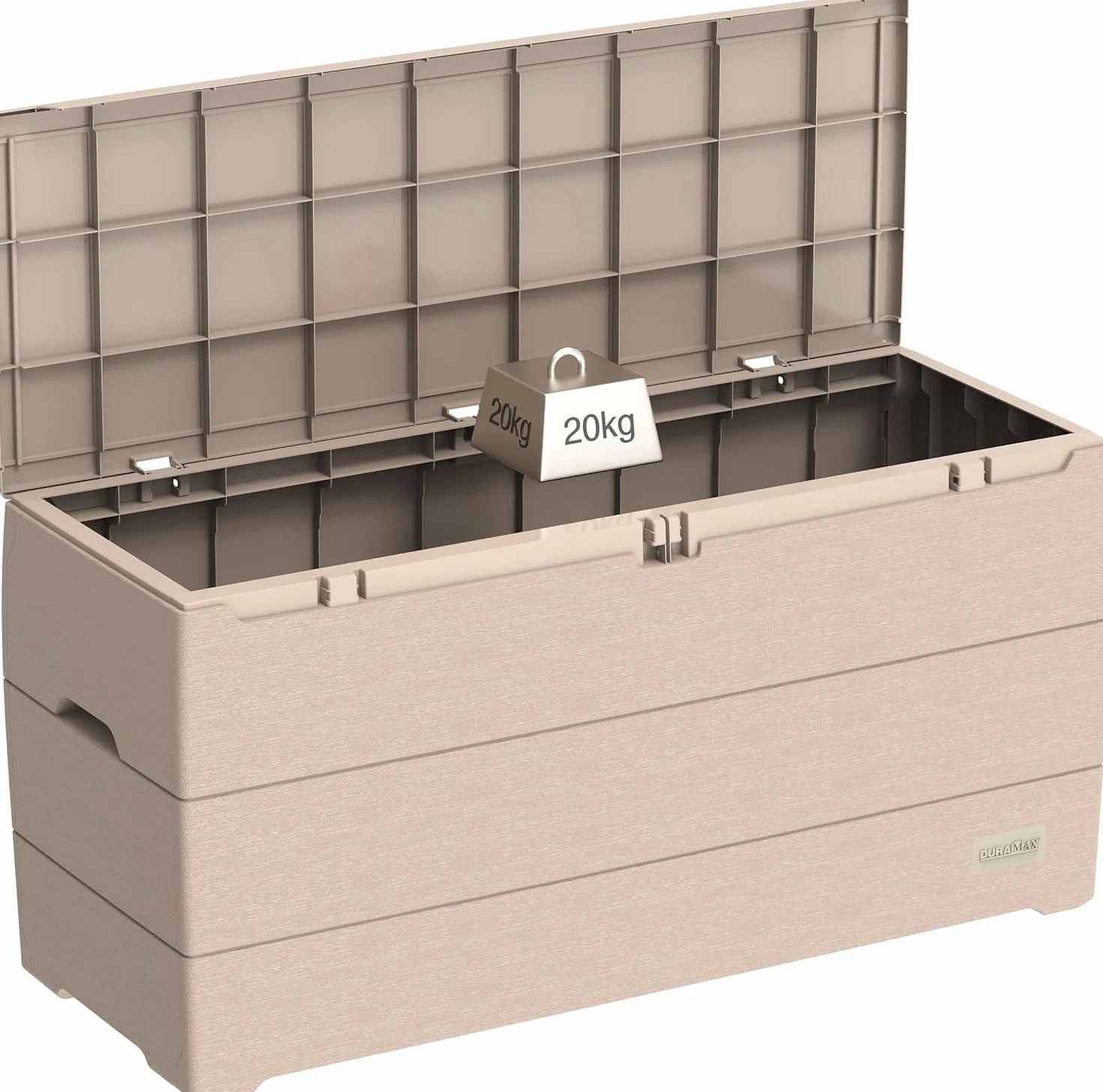 Duramax Cedargrain Durabox plastikowe pudełko do przechowywania, organizer na meble ogrodowe, zamykana pokrywa, plastikowe pudełko na poduszki z kółkami i uchwytami, pudełko na patio, ciepły taupe