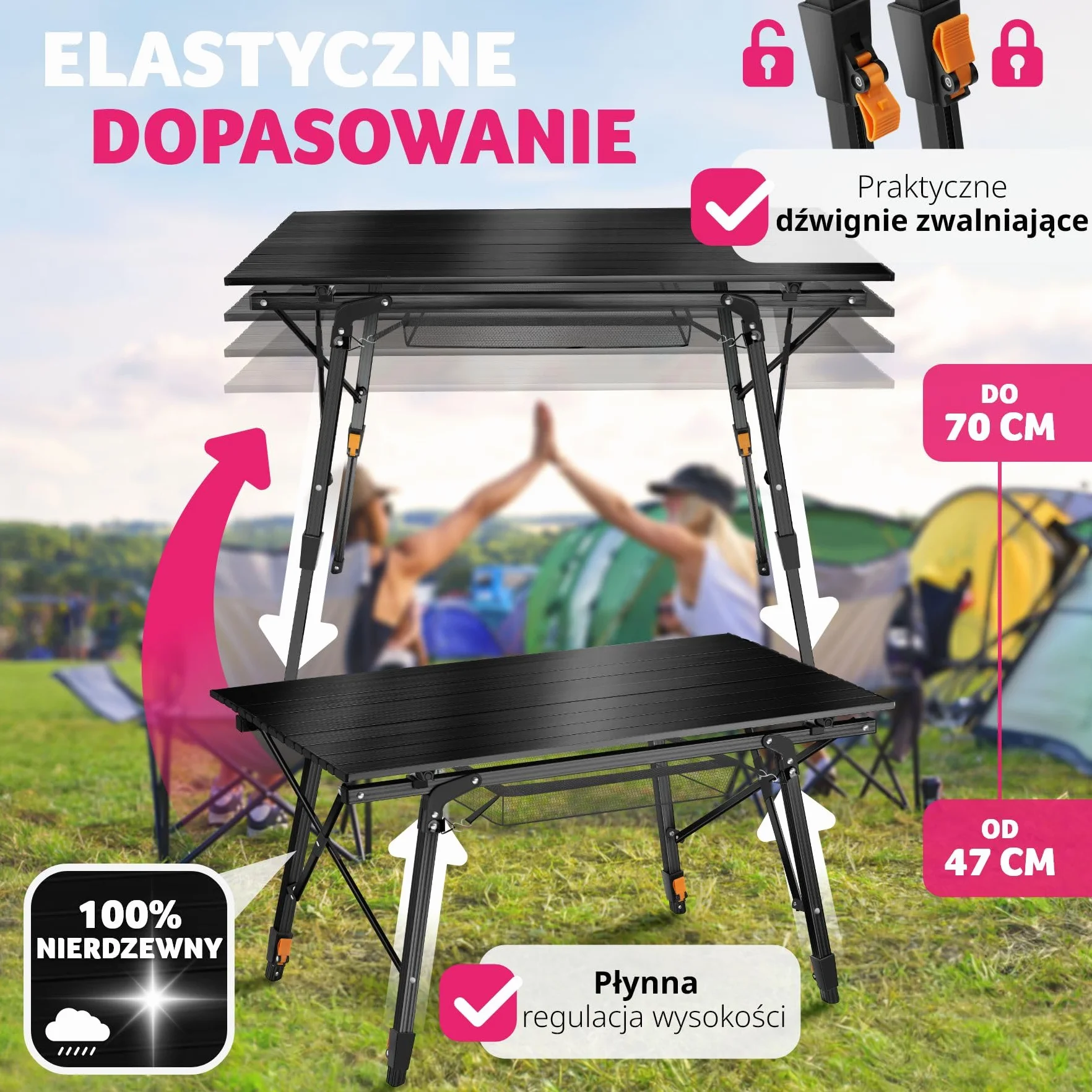 Tectake Stół Kempingowy Tina Składany Aluminiowy z Regulacją Wysokości Czarny