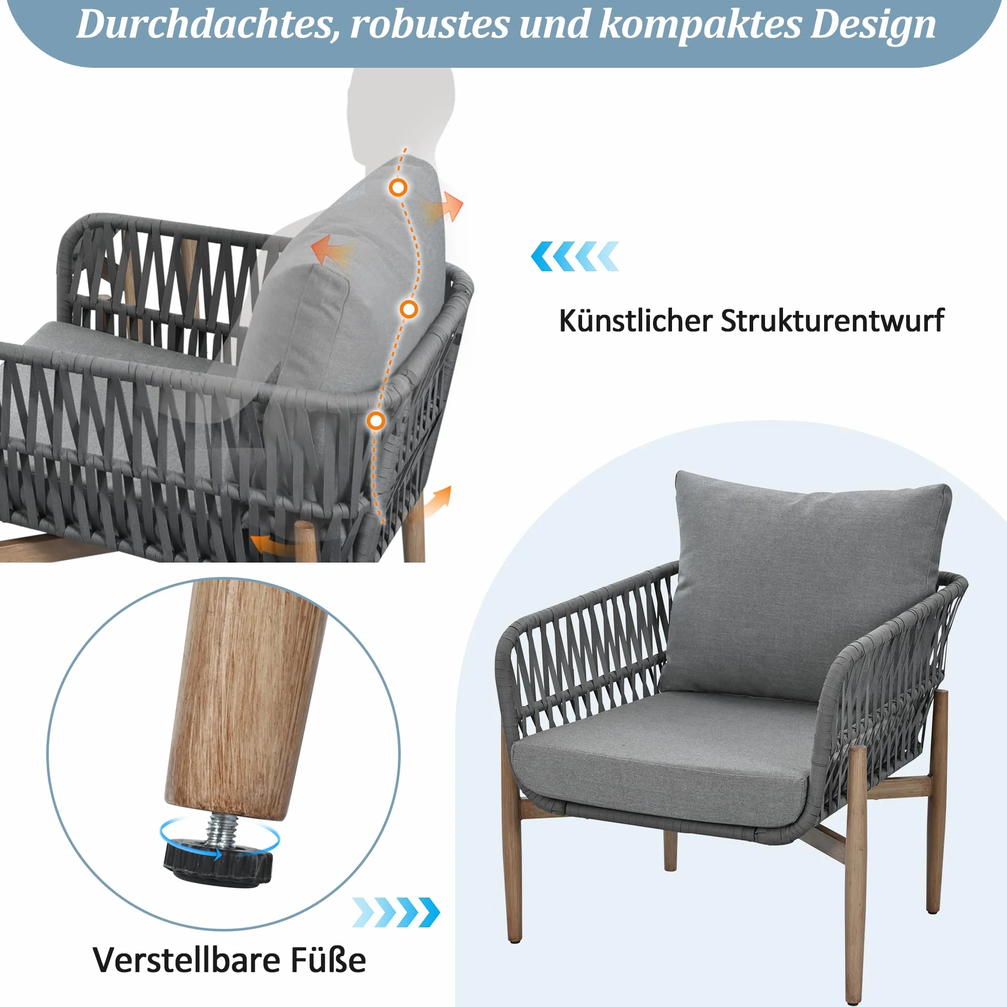 Dolamaní Zestaw mebli wypoczynkowych 0utdoor dla 5 osób, 3-osobowa sofa, 2 fotele i 2 stoliki kawowe, blat stołu z WPC, ze stali, z wygodnymi poduszkami (kolor szary)