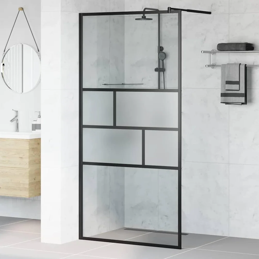 Ścianka prysznicowa Walk-in czarna, szkło ESG i aluminium, 100 x 195 x 0,5 cm, 3 satynowane szkło do ochrony przed pryskaniem, do kabiny prysznicowej w łazience, z profilem montażowym i