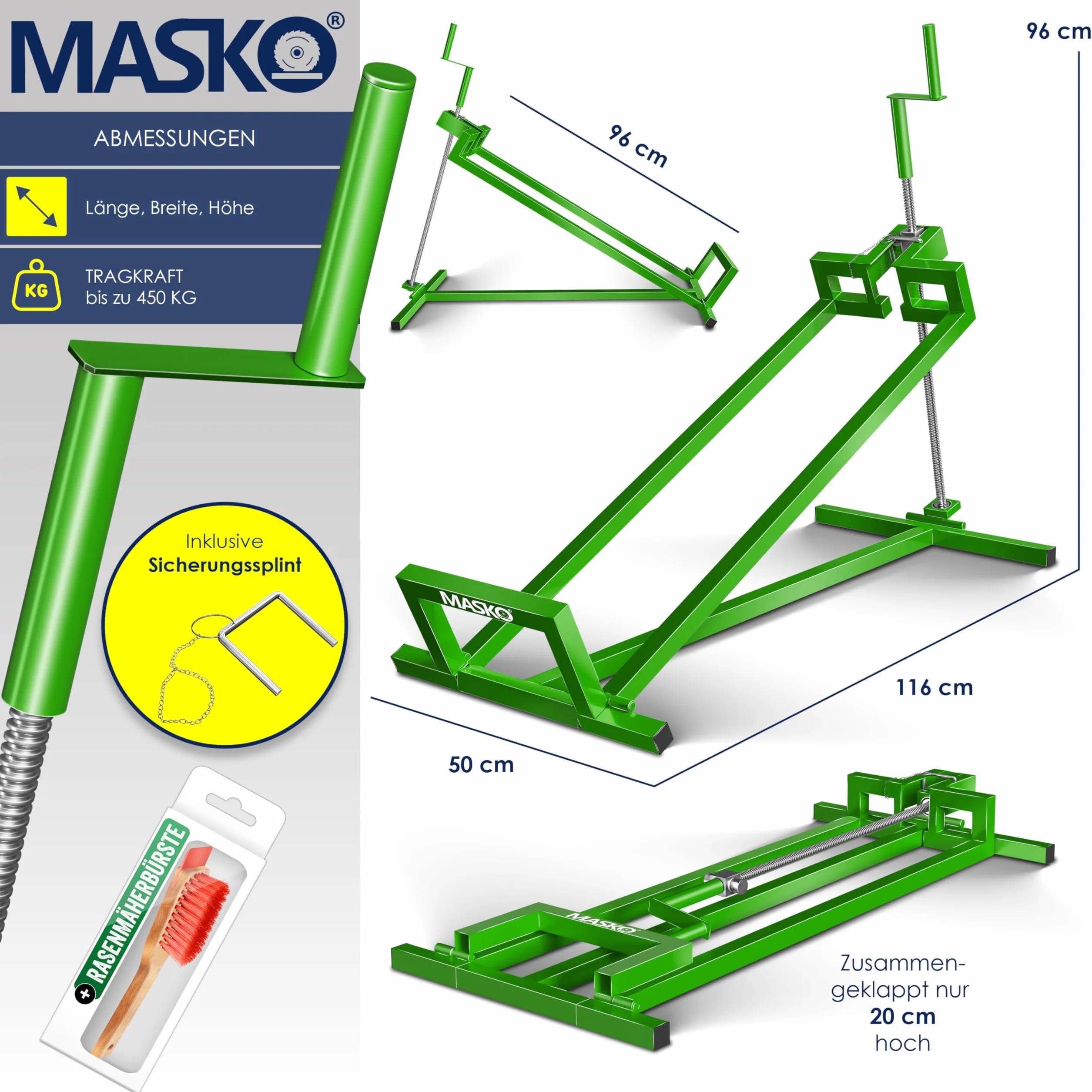 MASKO® Podnośnik do traktora ogrodowego XXL, 450 kg, podnośnik do kosiarki, uniwersalny podnośnik do traktora, regulowany kąt nachylenia 45°, w zestawie rękawice robocze i szczotka, zielony