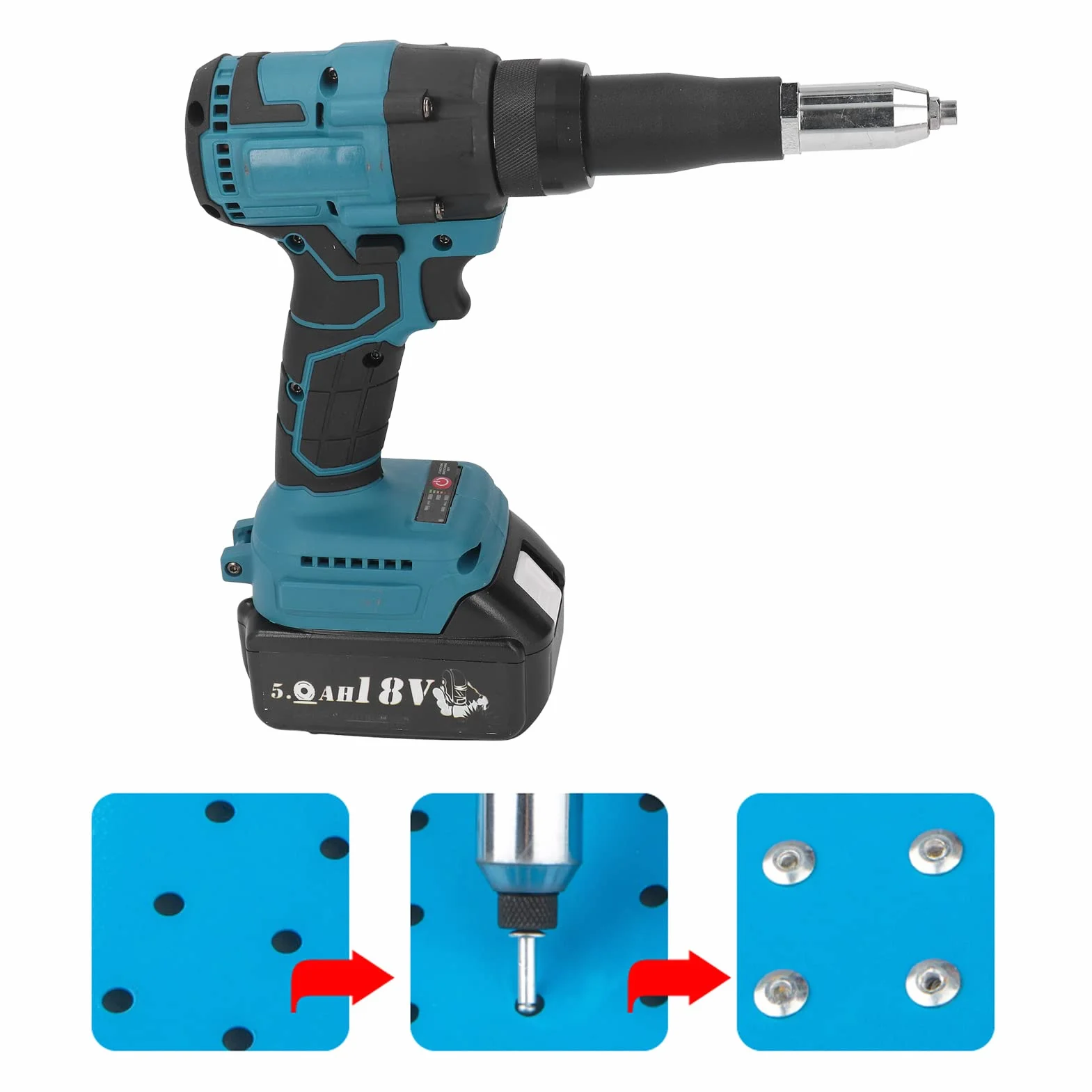 Akumulatorowy Pistolet do Nitów 18V, Elektryczny Nitownica Bezszczotkowa LED Adapter do Wiertarki do Nakrętek Automatyczny Rivet Nut Hand Tool dla Przemysłu Indywidualnej Dekoracji