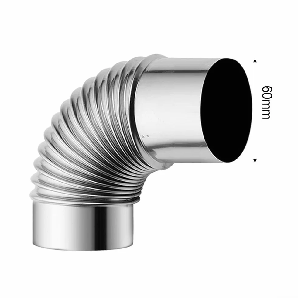 FUBESK Kolanko rurowe 90°, elastyczna rura pieca, komin pieca na drewno ze stali nierdzewnej, Ø 50mm, 60mm, 70mm, 80mm, 90mm, 100mm, żaroodporne kolanko wkładu kominowego zgięcie rury spalinowej (60mm