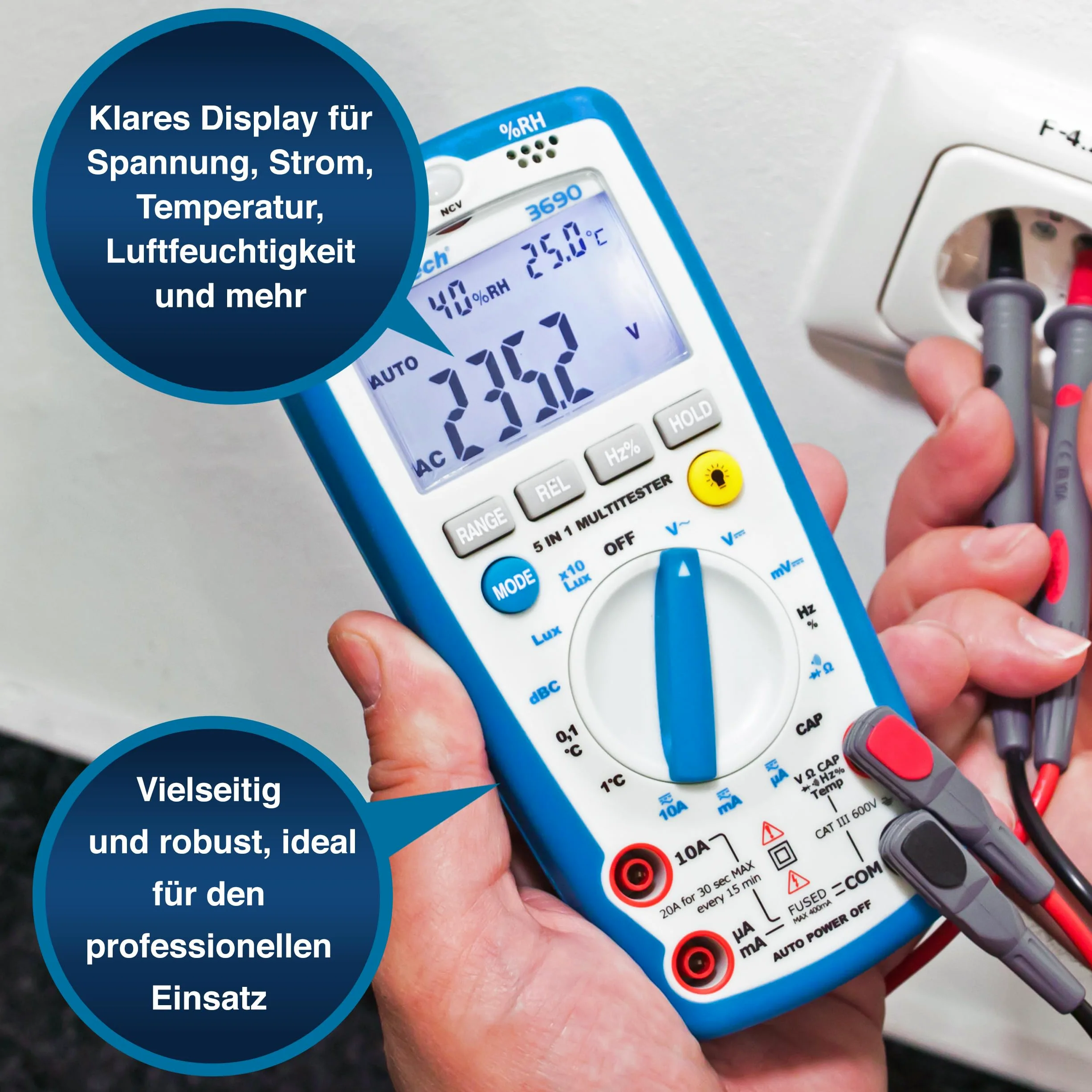 PeakTech P 3690 - Cyfrowy Multimetr ~ 4.000 zliczeń ~ z Miernikiem poziomu dźwięku, temperatury, wilgotności względnej i luksów