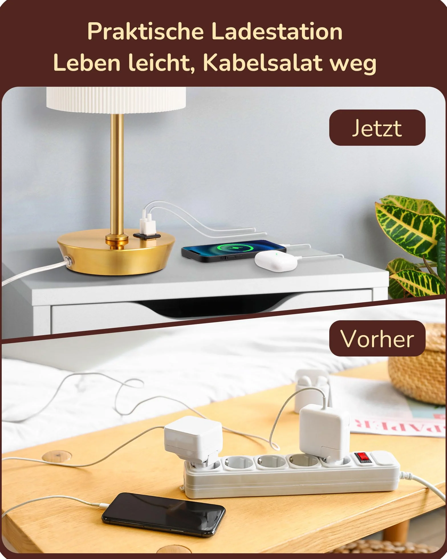 EDISHINE Lampka nocna LED, dotykowa, ściemniana, zestaw 2 szt., nowoczesna, mała lampka, z funkcją ładowania, 2 porty USB, z kablem, do sypialni, salonu, na parapet, prezent, złota | Funkcja ładowania, 5 V / 2,1 A, LED 2700 K w zestawie do sypialni, salon