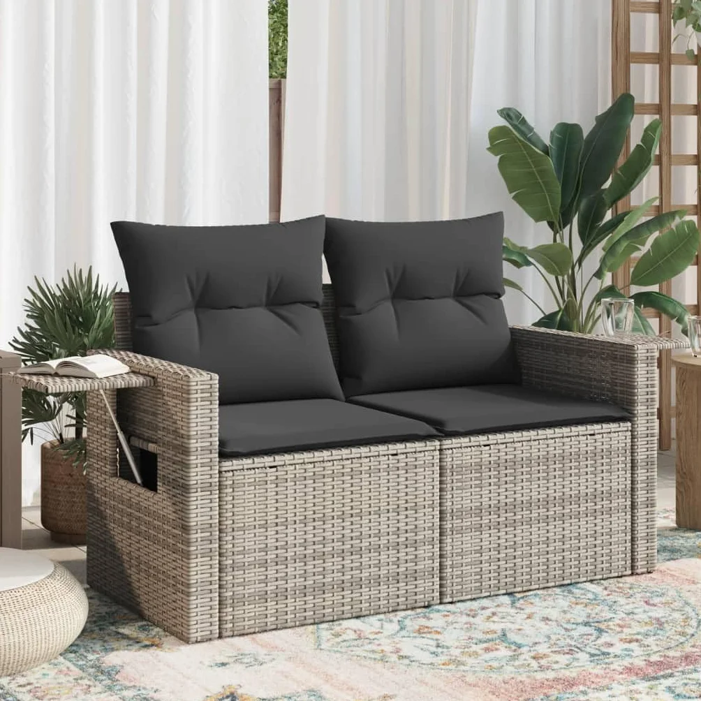 vidaXL Sofa ogrodowa z poduszkami, 2-osobowa, szara, polirattan, kanapa ogrodowa, siedzisko ogrodowe, 2-osobowa sofa ogrodowa, kanapy ogrodowe