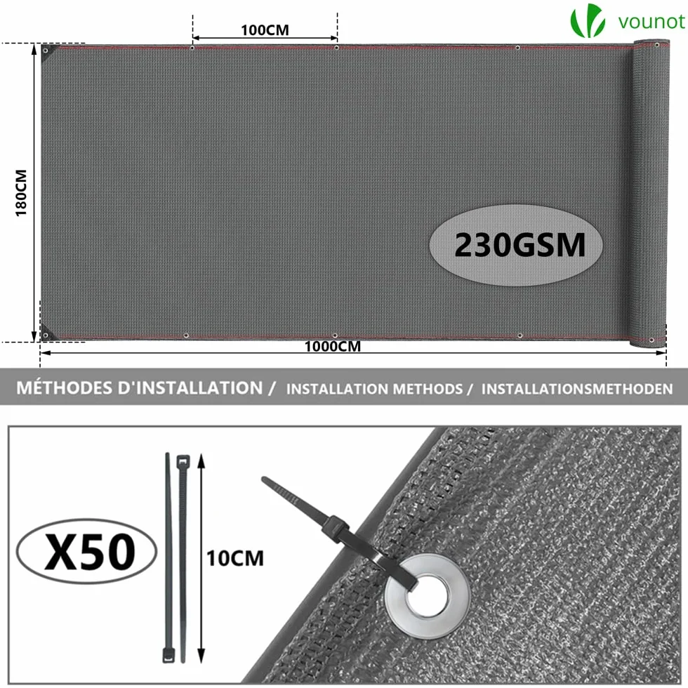 VOUNOT Siatka maskująca 1,8 x 10 m HDPE 230 g/m² 95% zacienienia UV odporna na rozdarcie szara