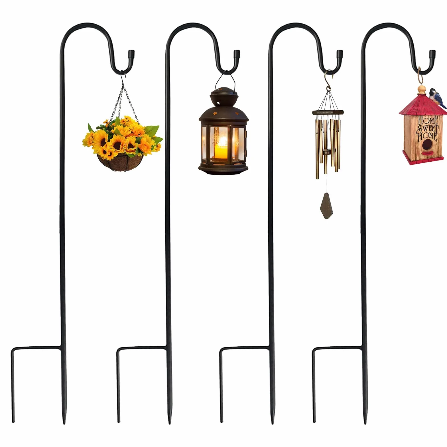 4 sztuki haków ogrodowych, 90 cm, do latarni ogrodowych, haków pasterskich, metalowy pręt ogrodowy z haczykiem, do klatek dla ptaków, lamp solarnych, latarni, dzwonków wietrznych, koszy na rośliny
